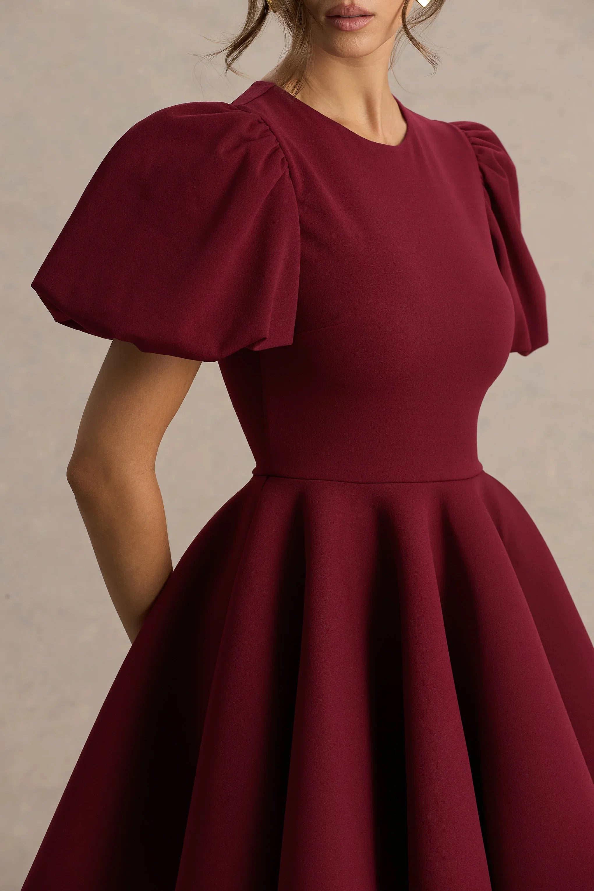 Emelia Burgundy Puff Sleeve Skater Mini Dress