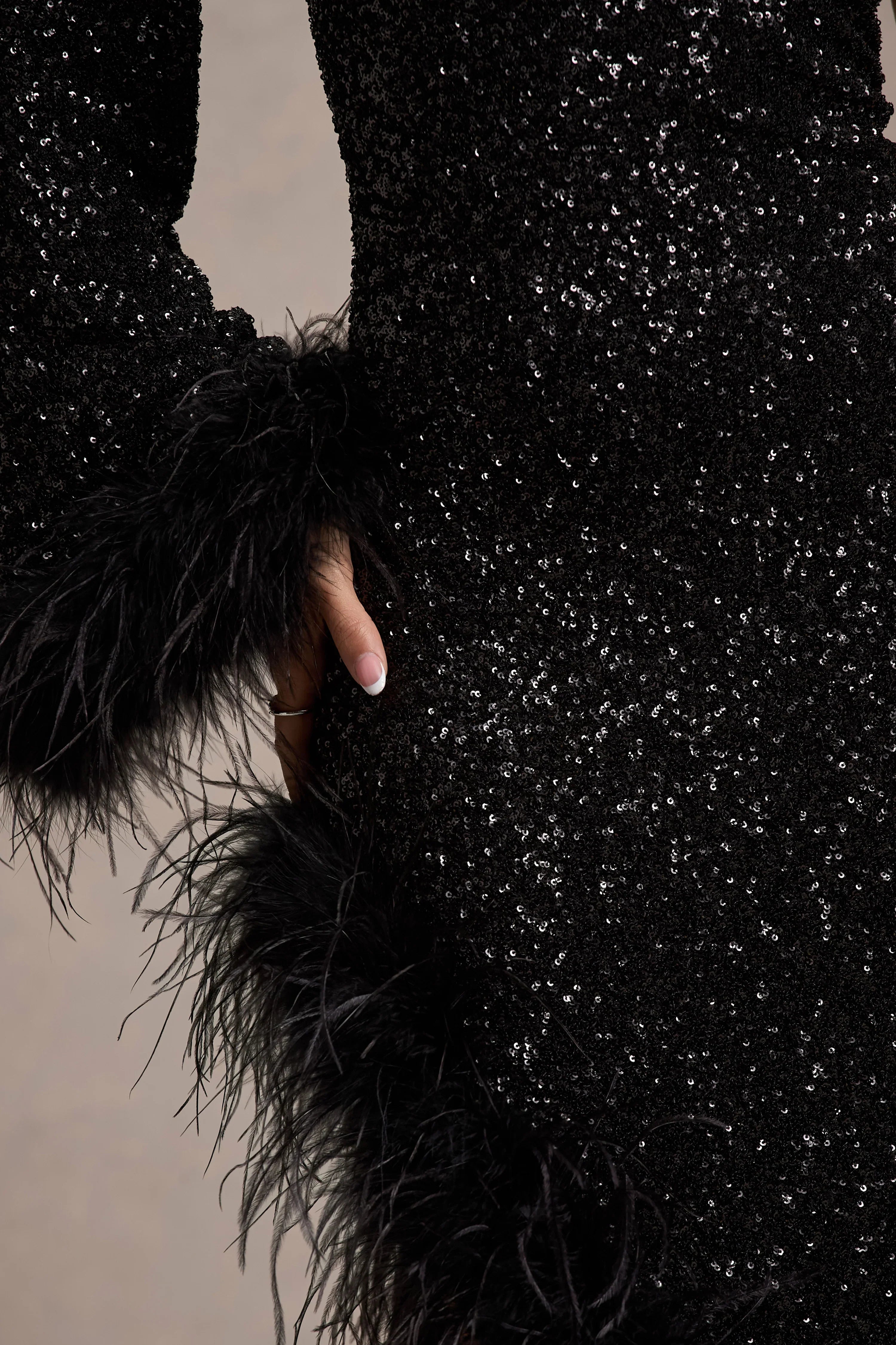 Shadow Black Sequin One Shoulder Feather Trim Maxi Dress