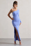 Anima Pale Blue Asymmetric Ruched One Sleeve Maxi Dress