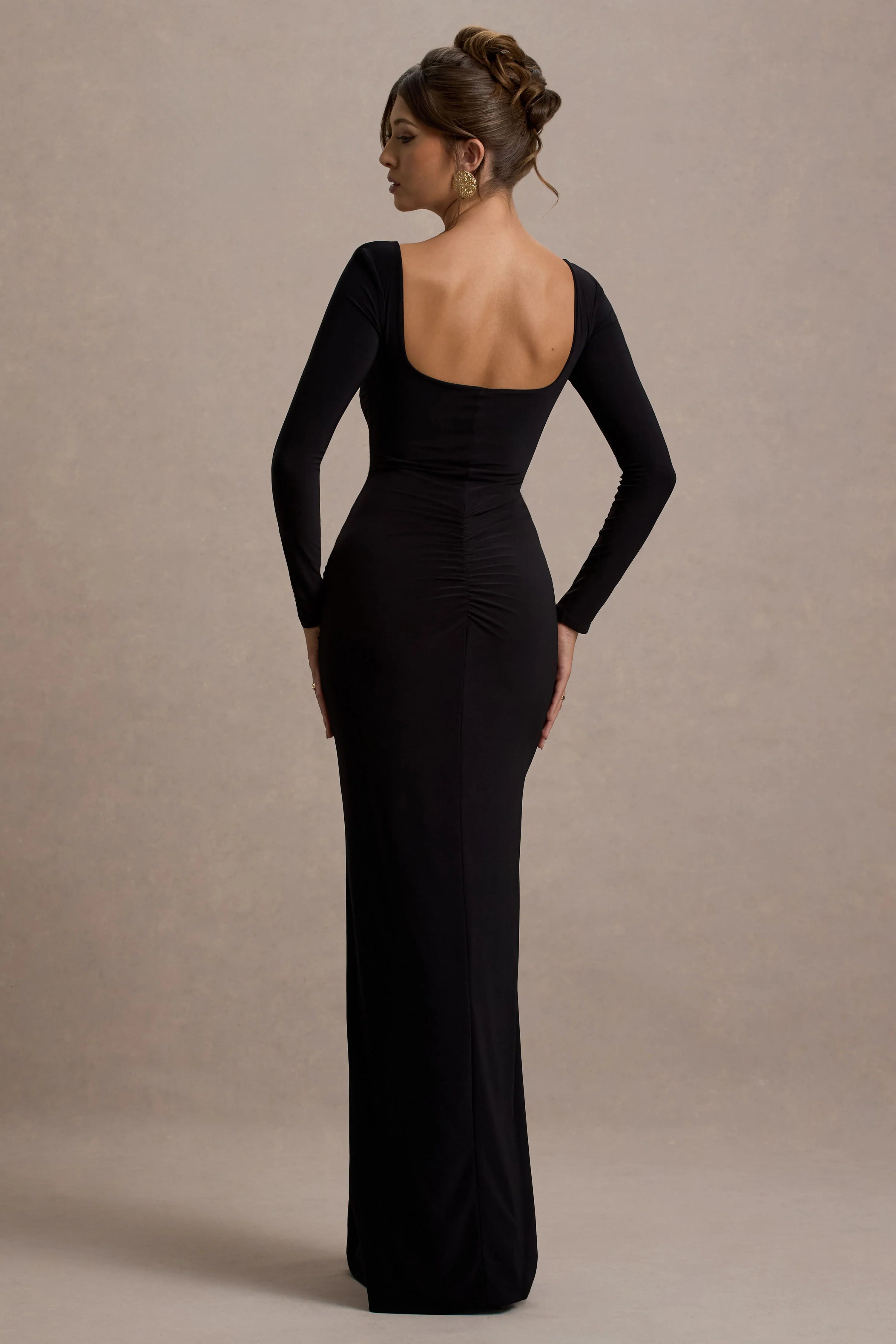My Pleasure Black Square Neck Ruched Maxi Dress