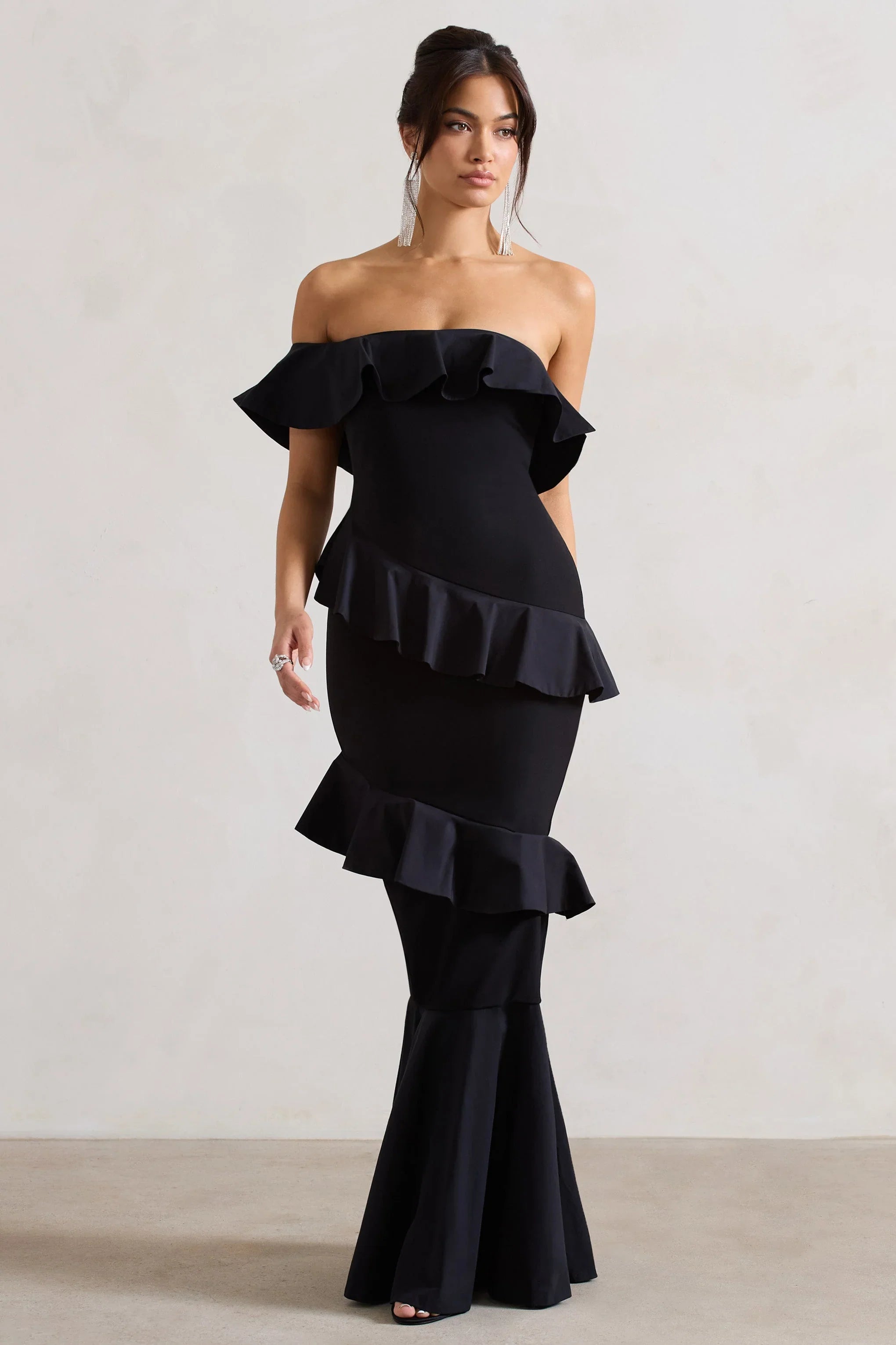 Cinematic Black Bardot Ruffled Fishtail Maxi Dress