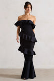 Cinematic Black Bardot Ruffled Fishtail Maxi Dress