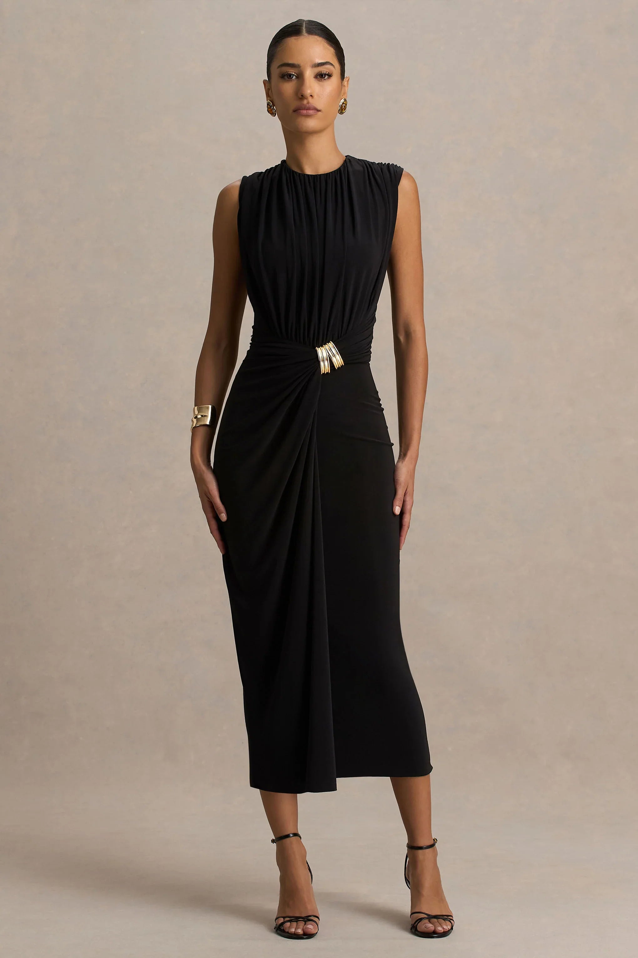 Harlow Black Crew Neck Wrapped Midi Dress