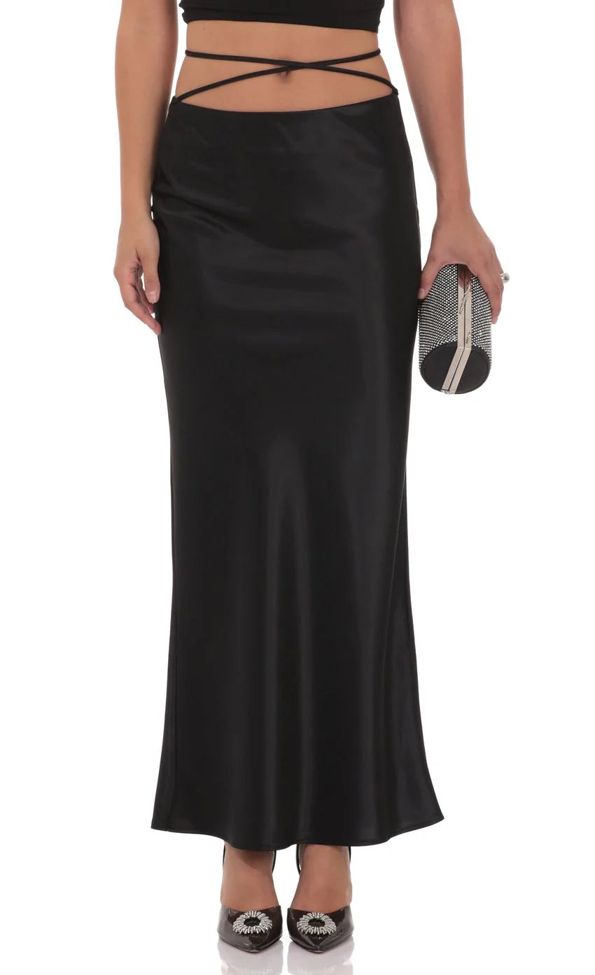 Satin Wrap Maxi Skirt in Black