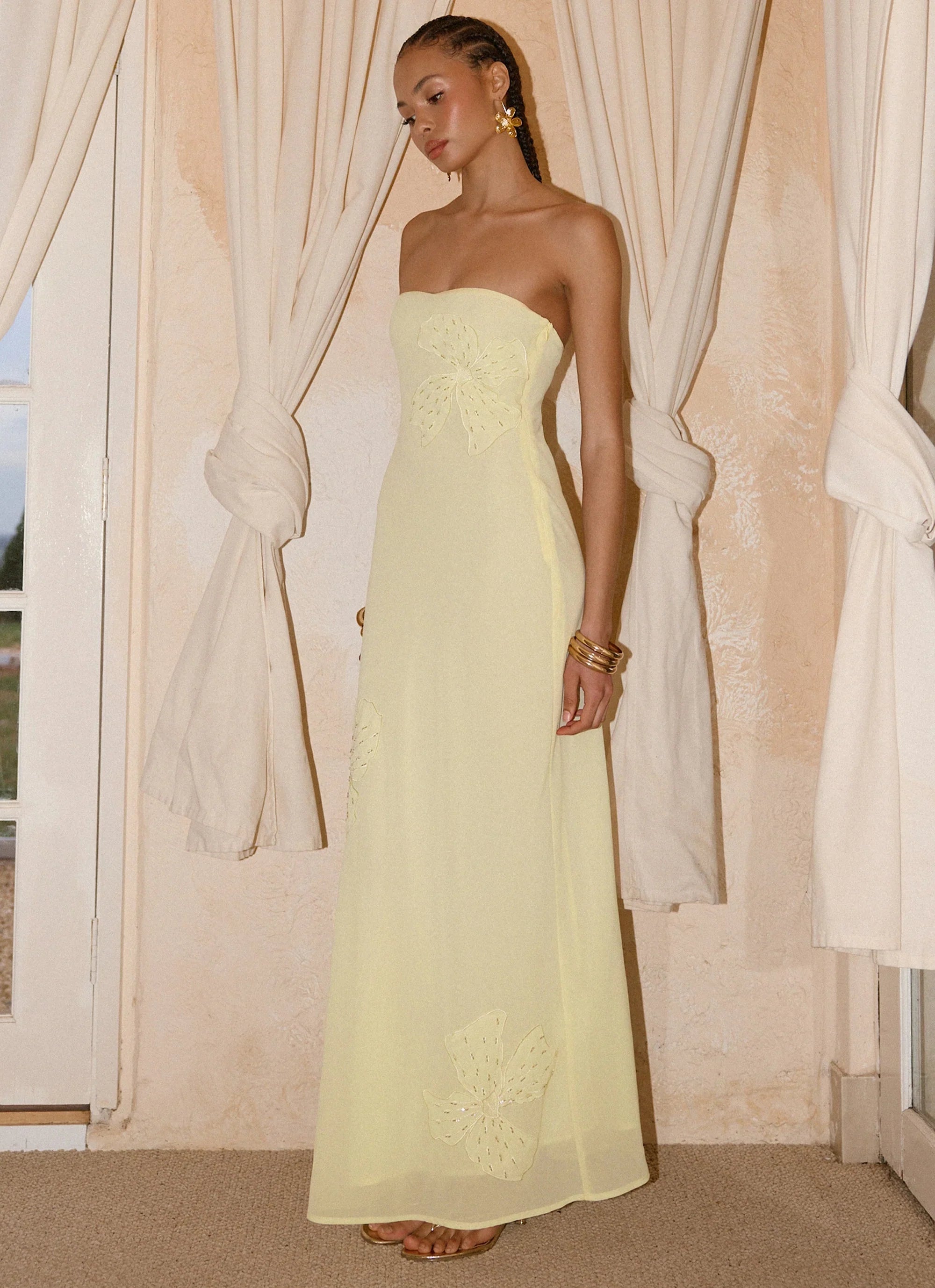 Sassafras Beaded Flower Strapless Maxi Dress Yellow