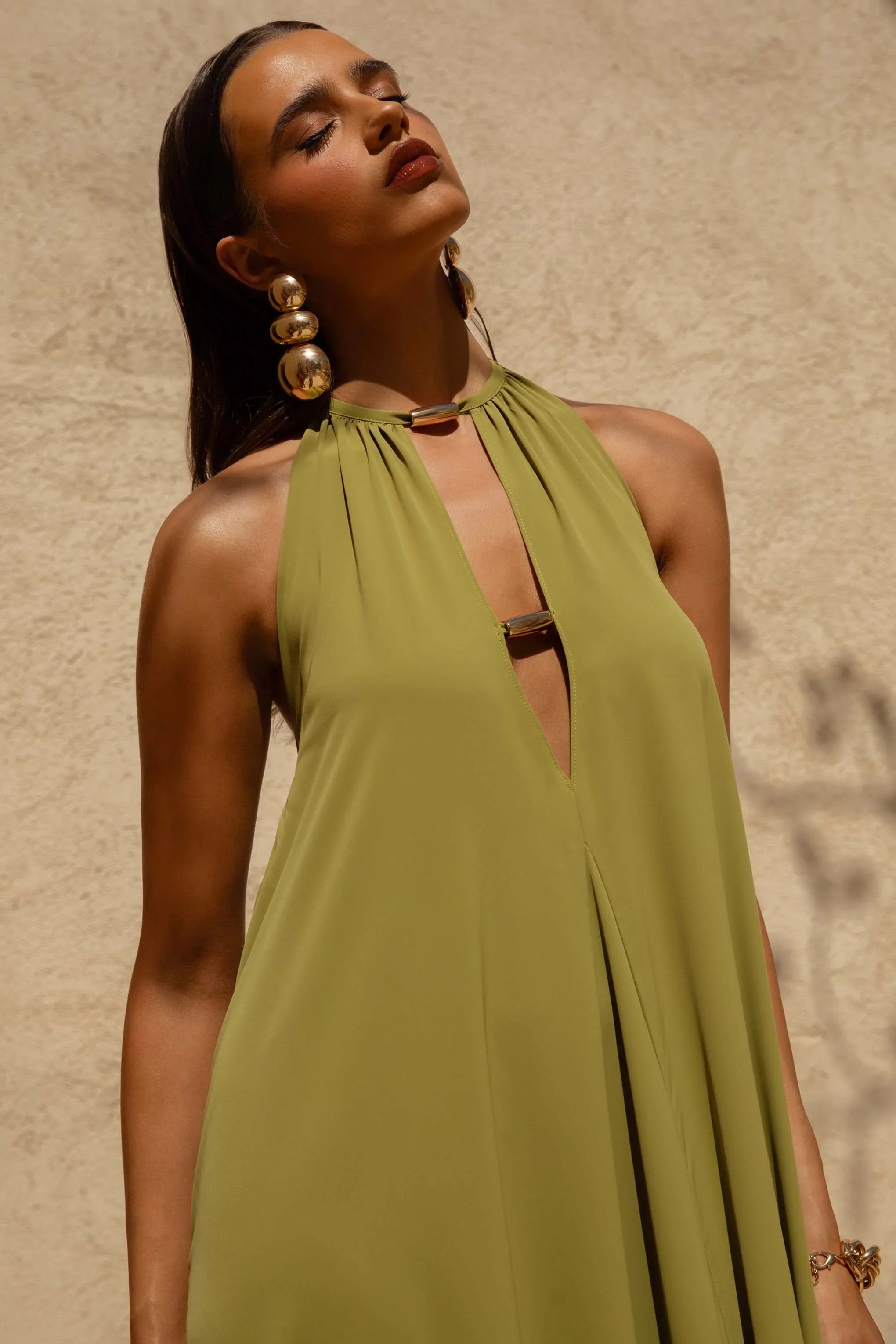 Zyon Green High Neck Maxi Dress with Cut Out Details