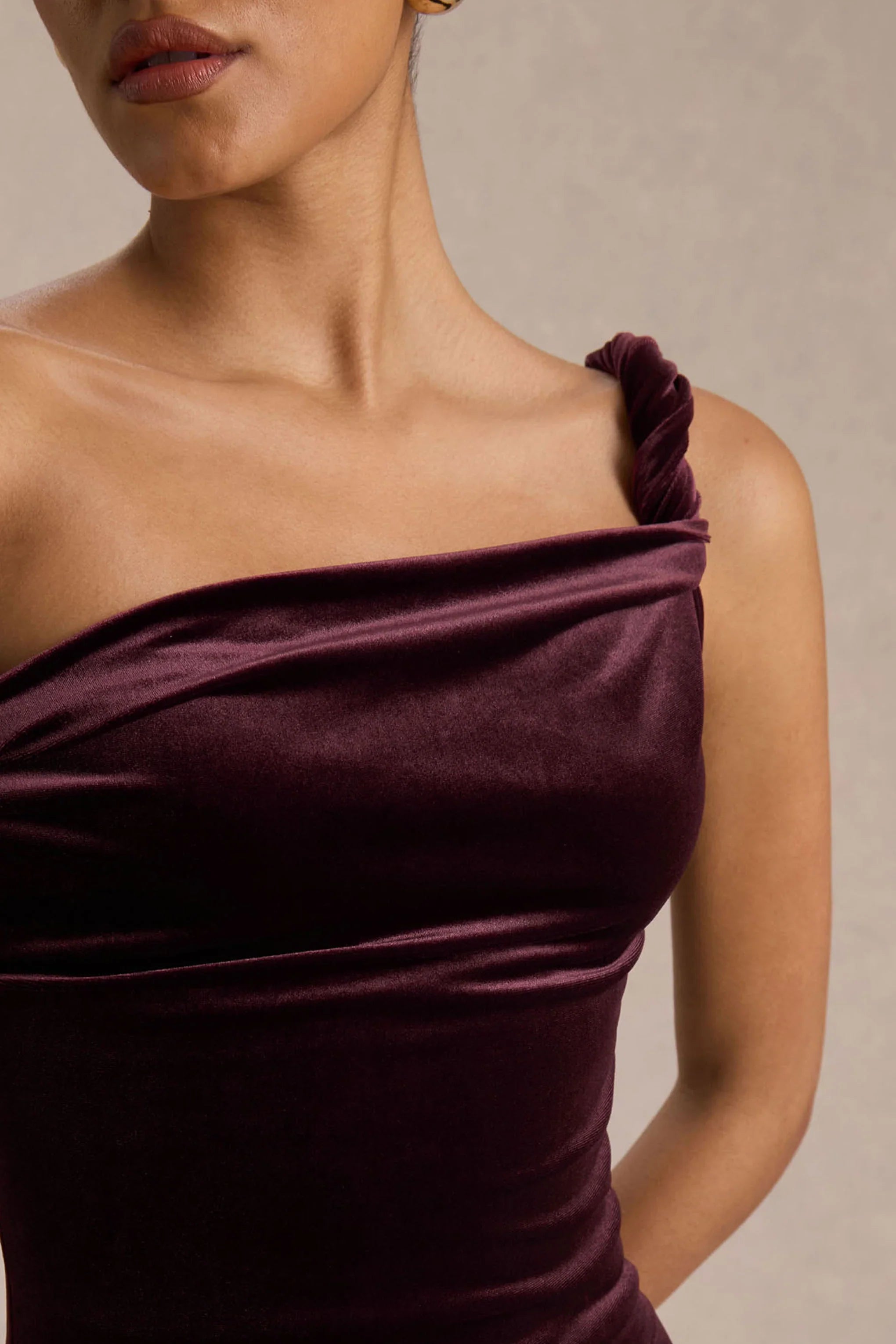 Carella Burgundy Velvet Twisted Asymmetric Midi Dress