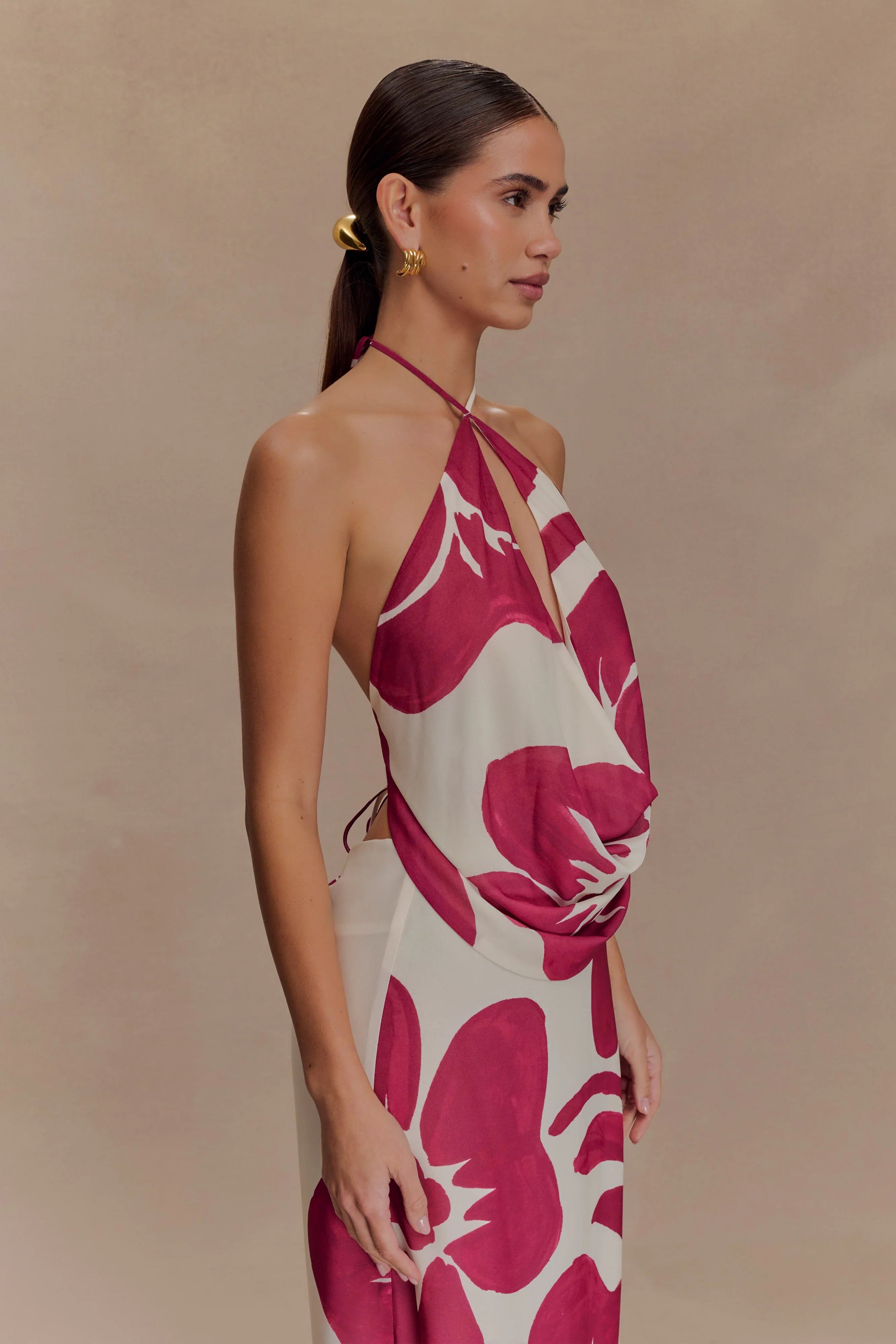 Katalina Chiffon Cowl Halter Top Red Deco Fleur Print