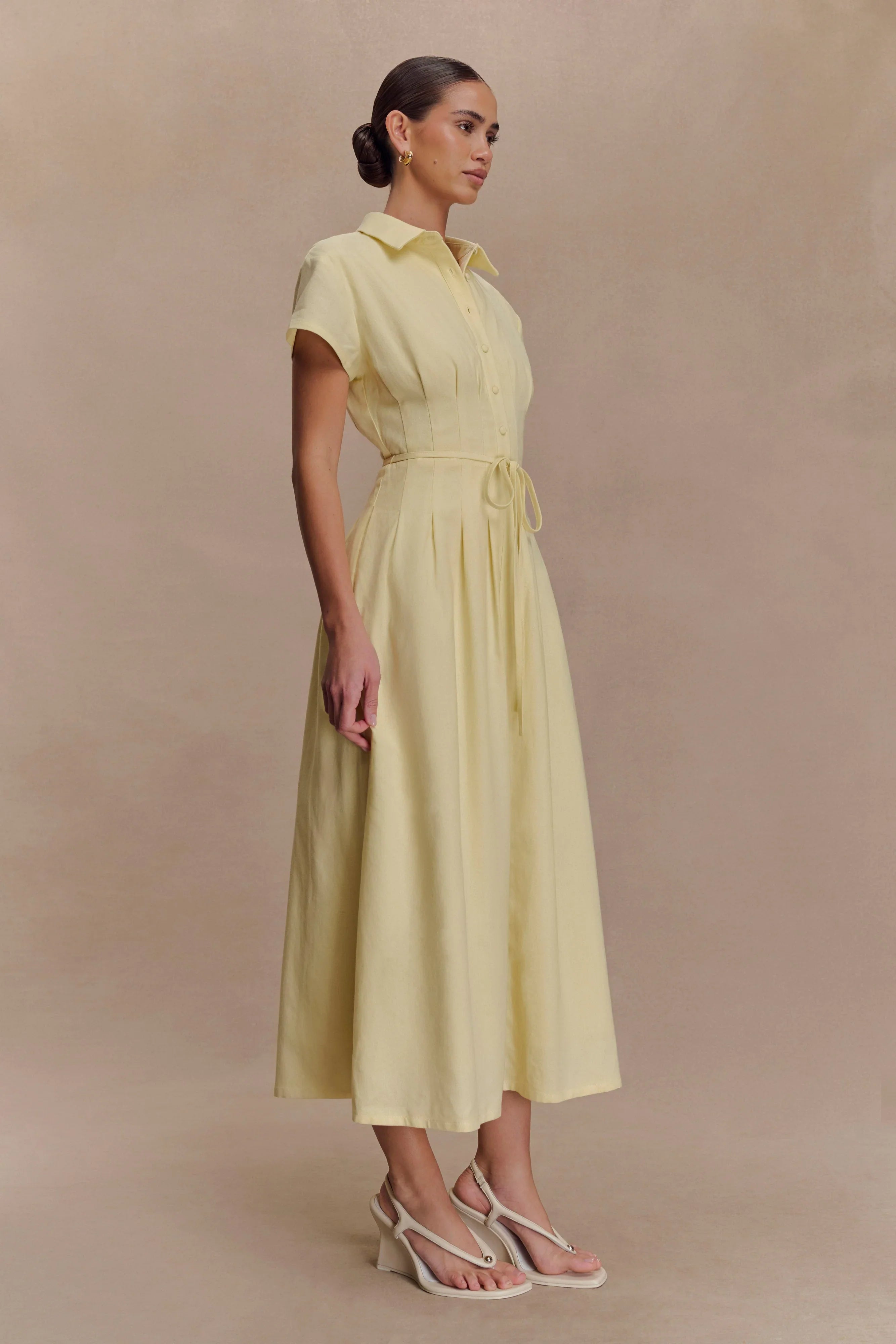 Aysha Buttoned Linen Midi Dress Lemon