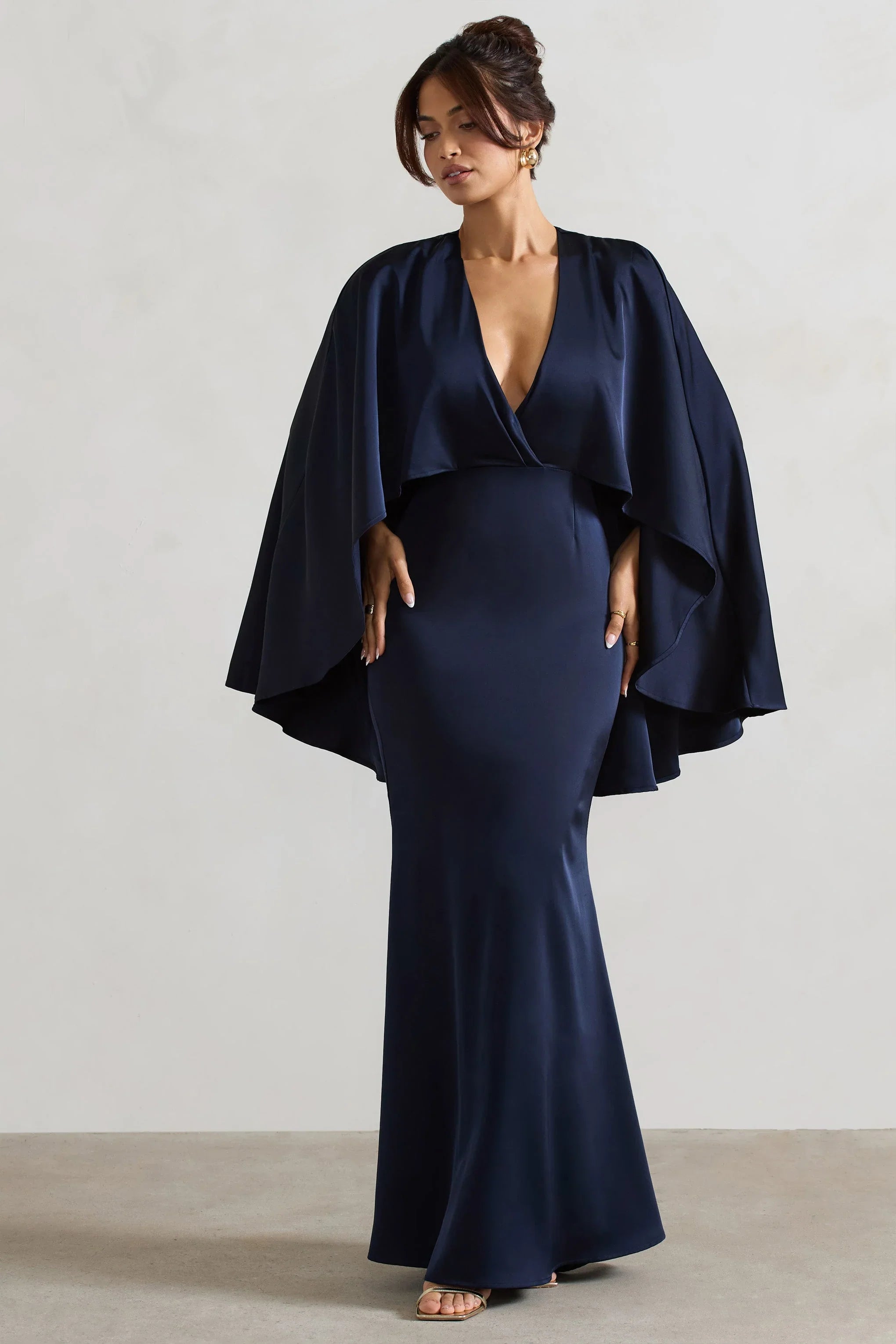 Yasie Navy Satin Plunge Neck Maxi Dress With Cape Sleeves