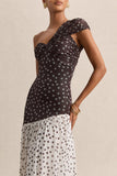 Motira Brown Polka Dot Asymmetric Neck Maxi Dress With Asymmetric Drop Waist