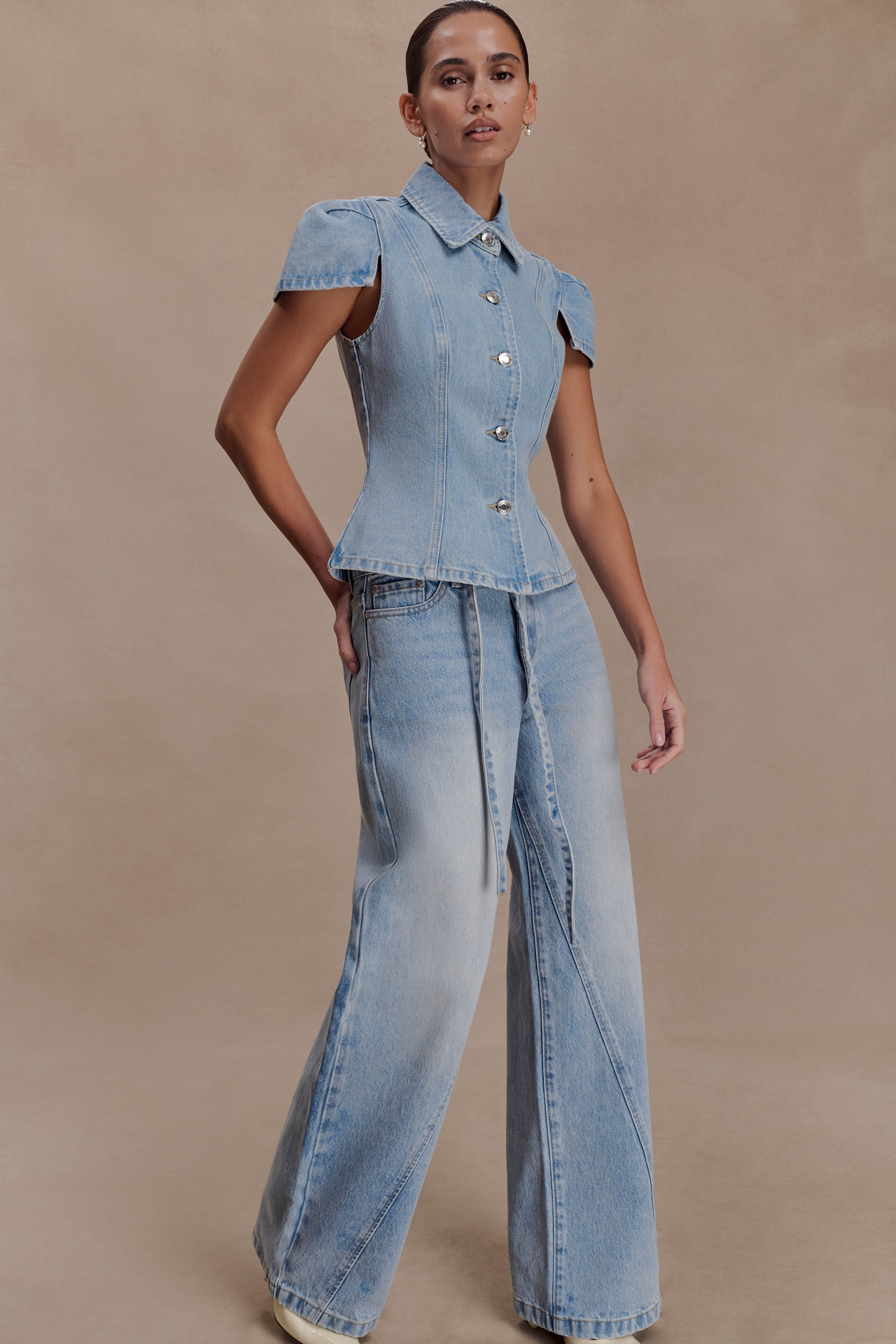 Perrie Mid Rise Straight Leg Tie Jeans Washed Light Blue