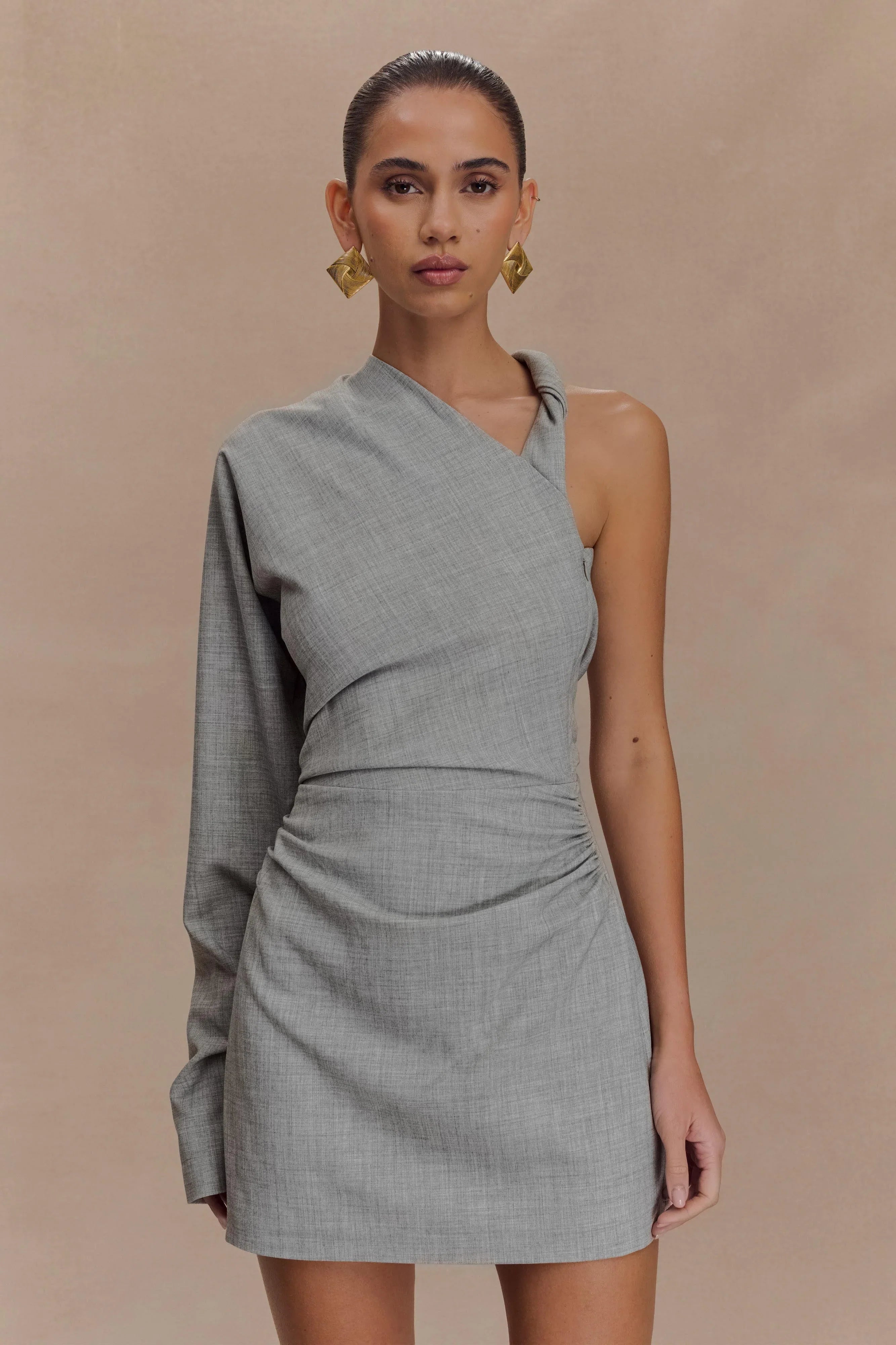 Dorian Twist Shoulder Mini Dress Charcoal Marle