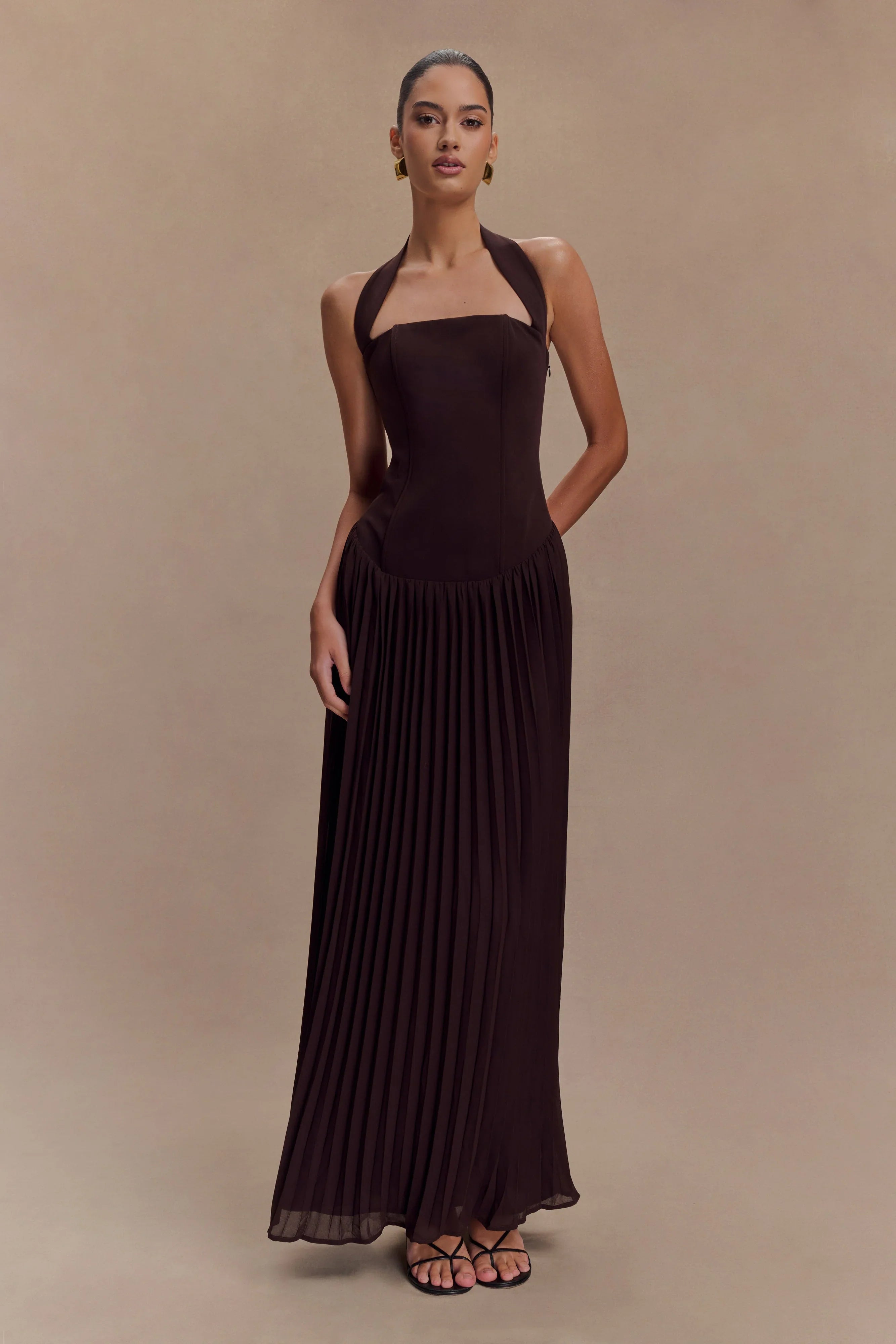 Stacie Pleated Halter Maxi Dress Cacao