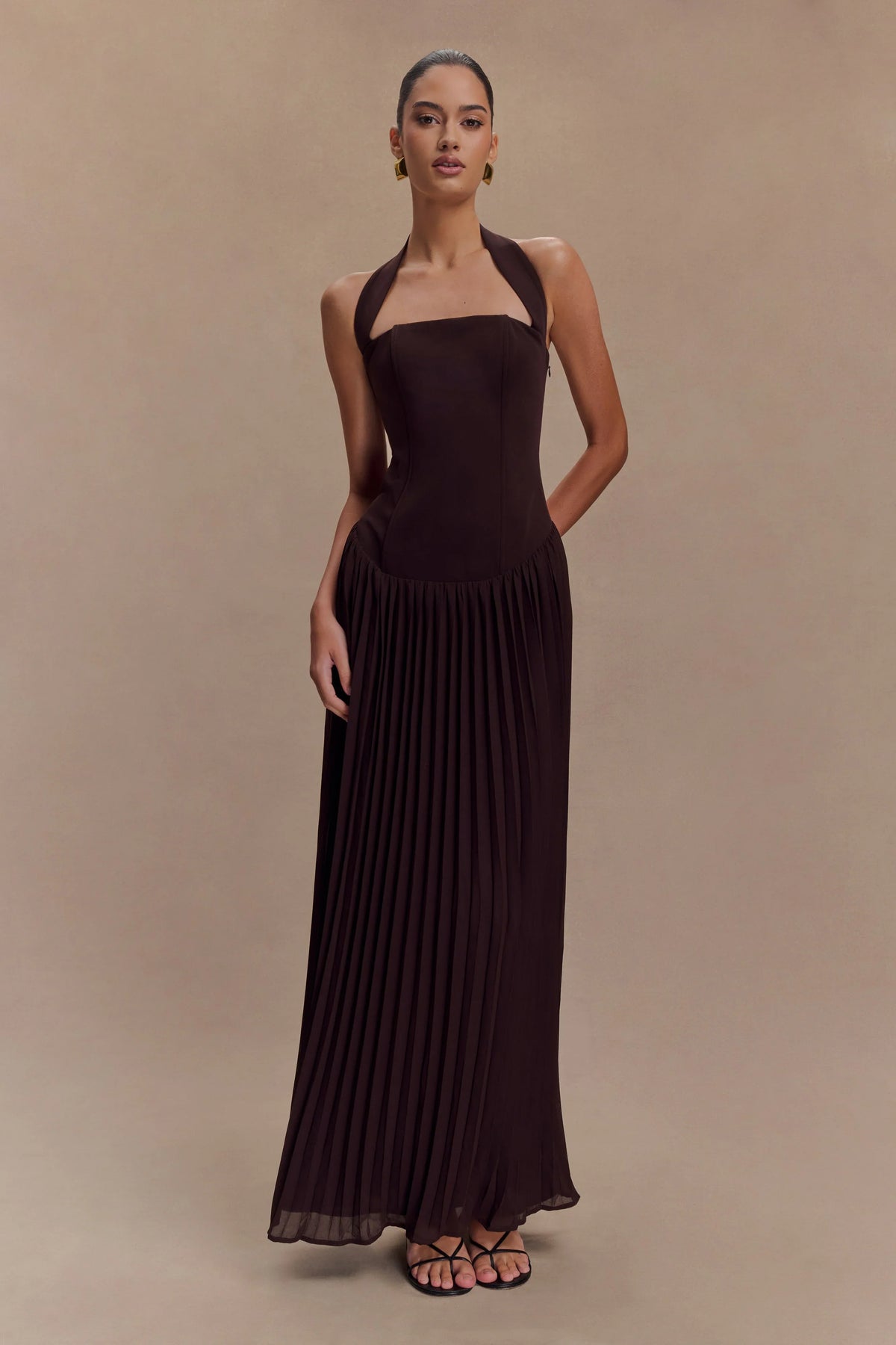 Stacie Pleated Halter Maxi Dress Cacao