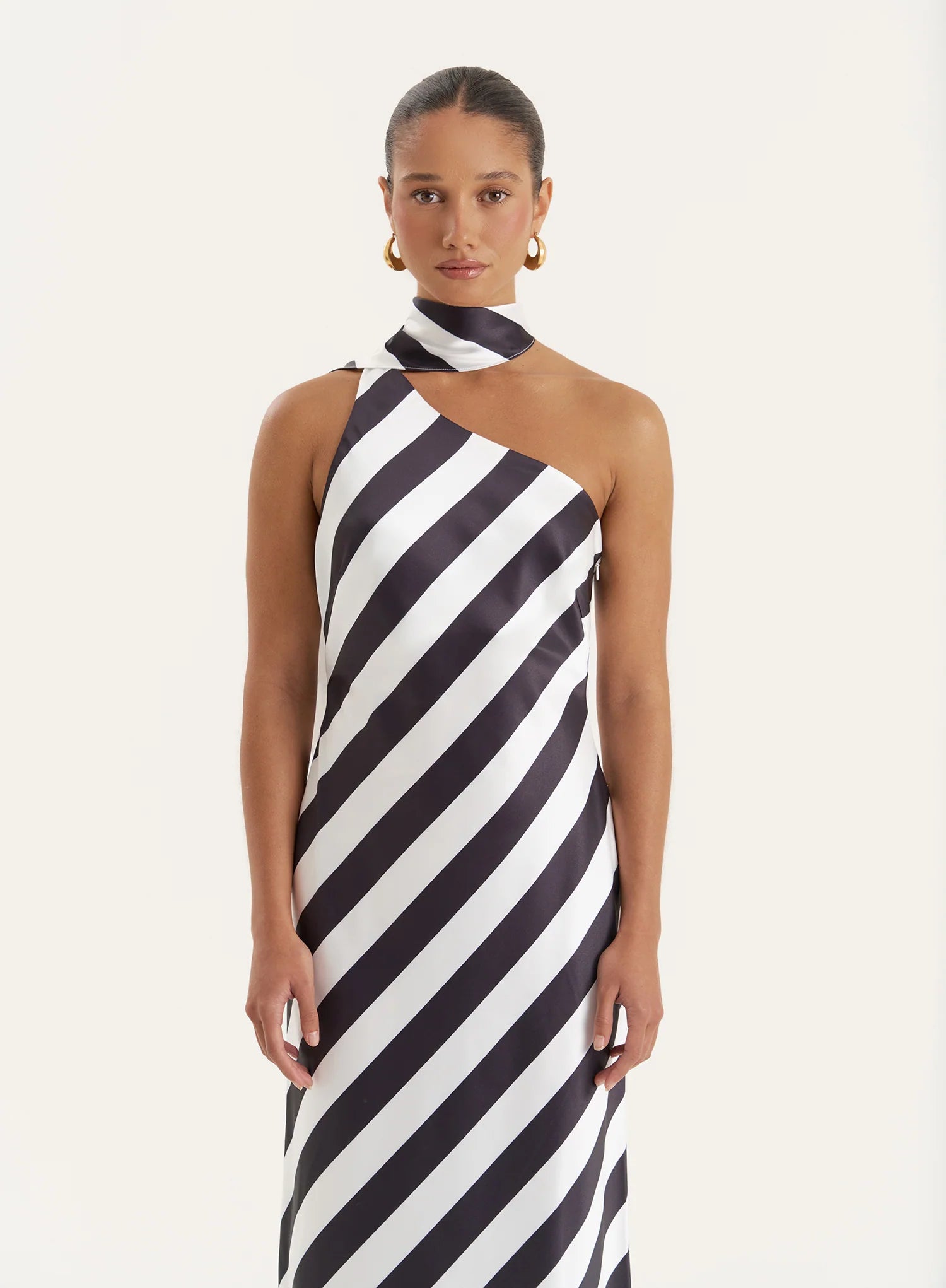 Stripe Print Satin One Shoulder Maxi Dress