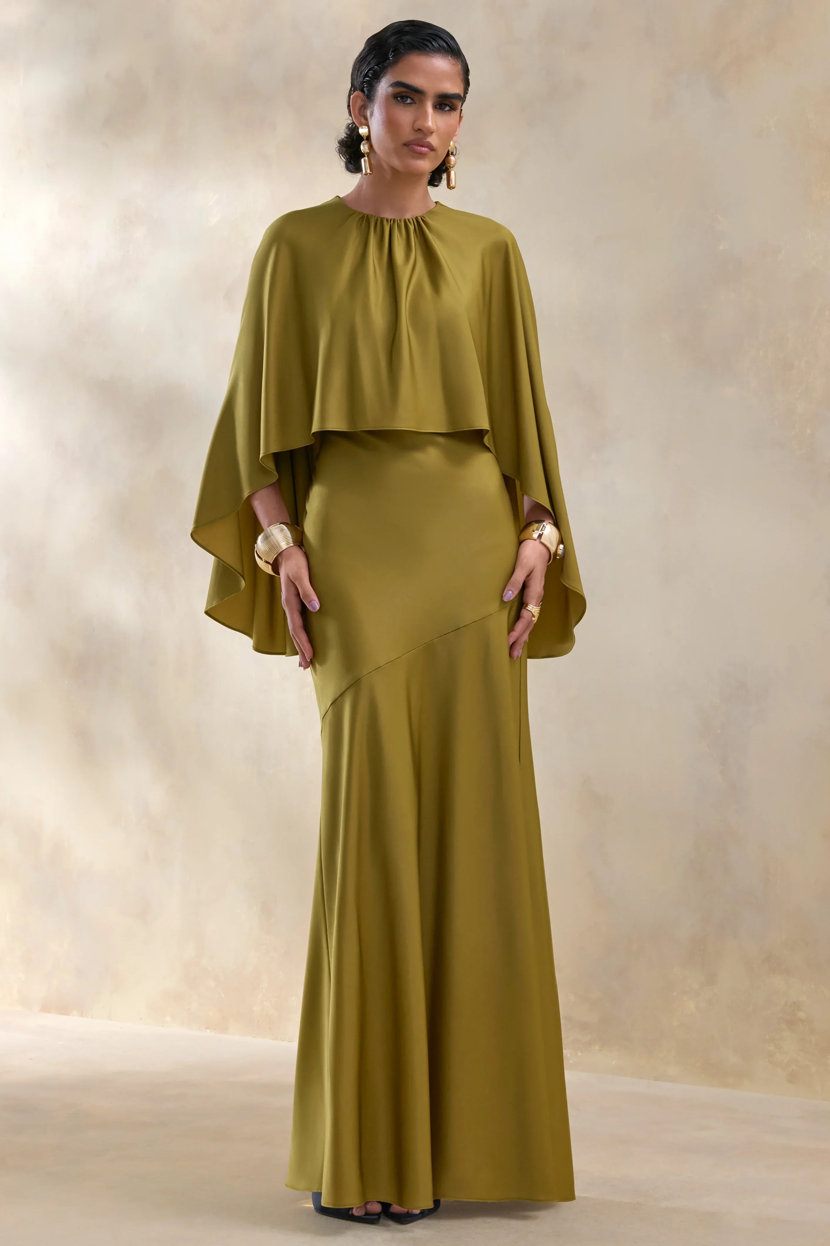 Vanthea Olive Satin Round Neck Maxi Dress With Cape Sleeves