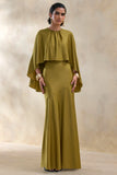 Vanthea Olive Satin Round Neck Maxi Dress With Cape Sleeves