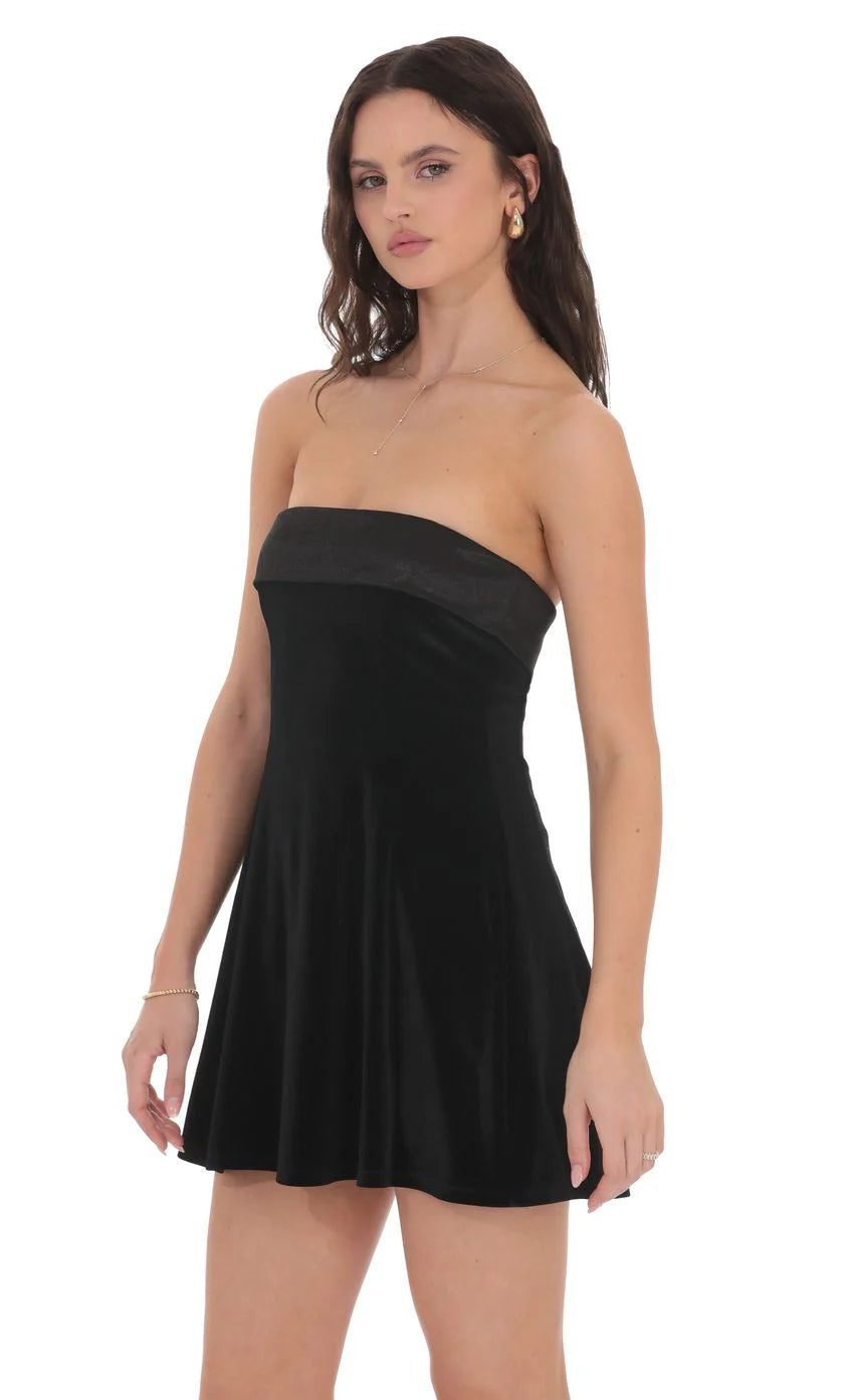 Strapless Velvet Skater Dress in Black