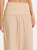 Beige Sheer Ruched Waist Wide Leg Trousers