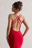 Lucky Day Red Cross Over Back Fishtail Maxi Dress