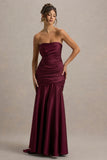 Cassidy Burgundy Satin Bandeau Gathered Maxi Dress