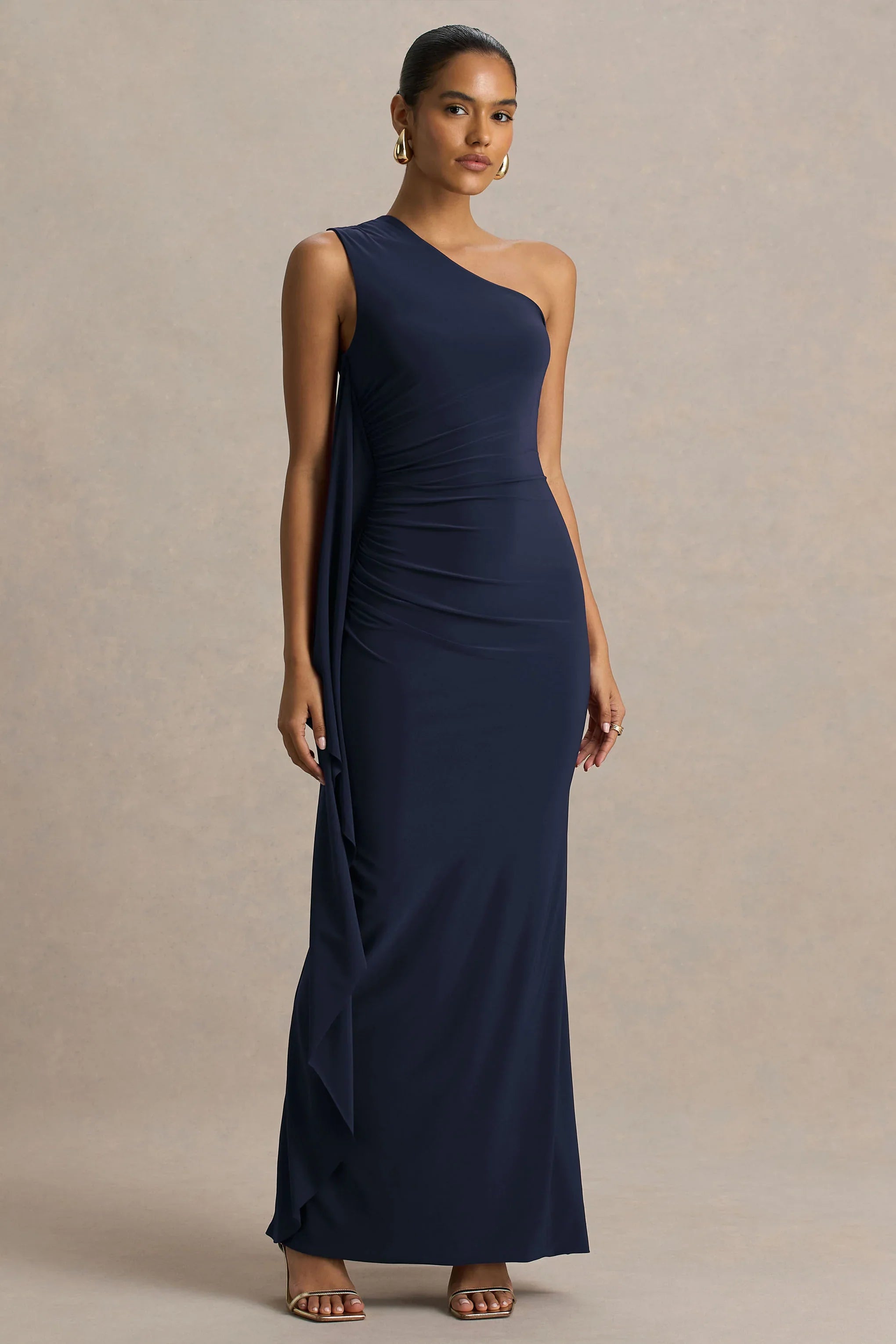 Adelina Navy One Shoulder Maxi Dress With Drape