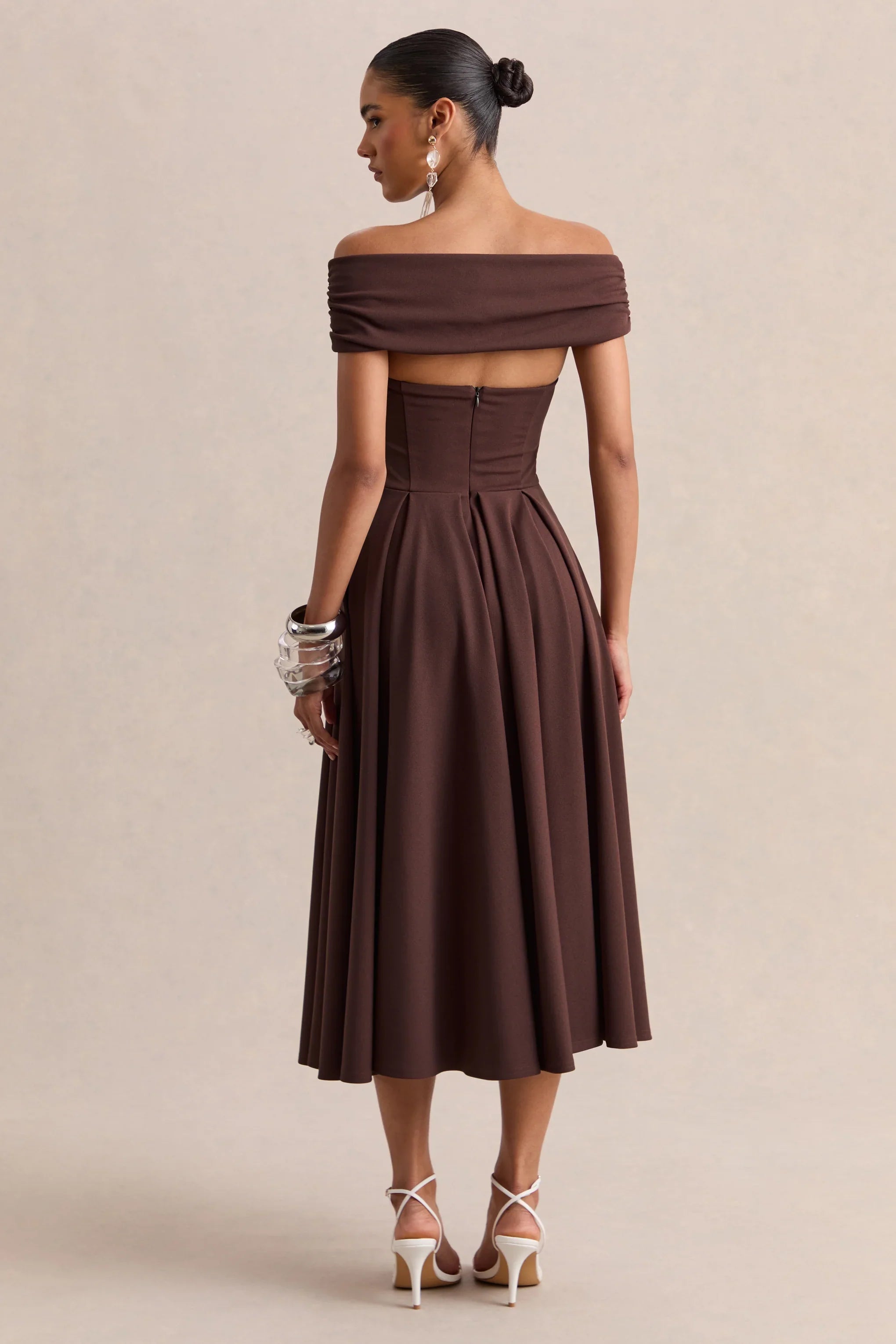 Mavina Brown Bardot Neck Midi Dress