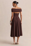 Mavina Brown Bardot Neck Midi Dress