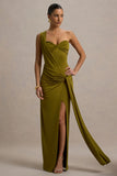 Erminia Olive Green One Shoulder Twist Wrap Maxi Dress