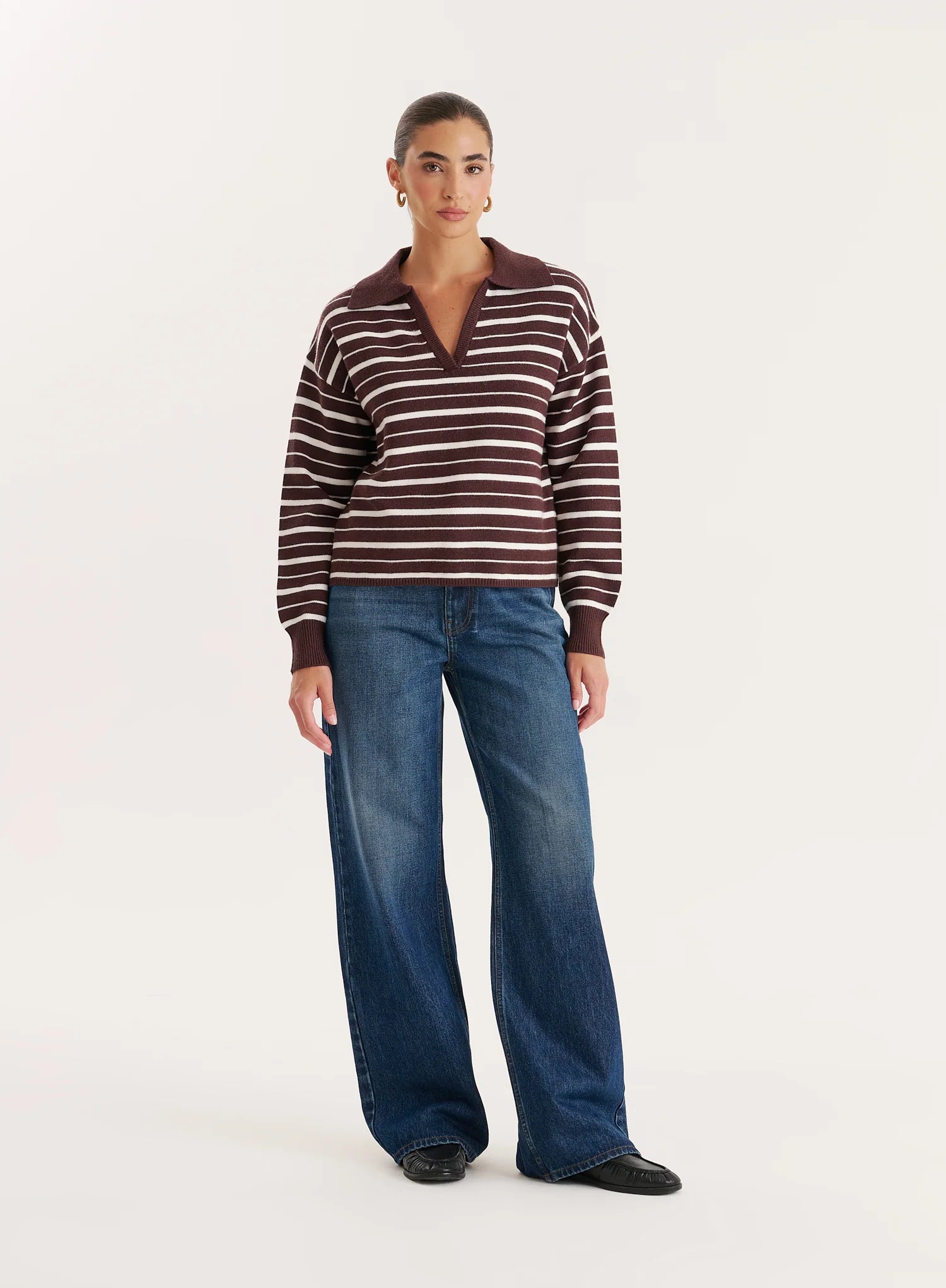 Brown And White Stripe Knitted Rugby Top