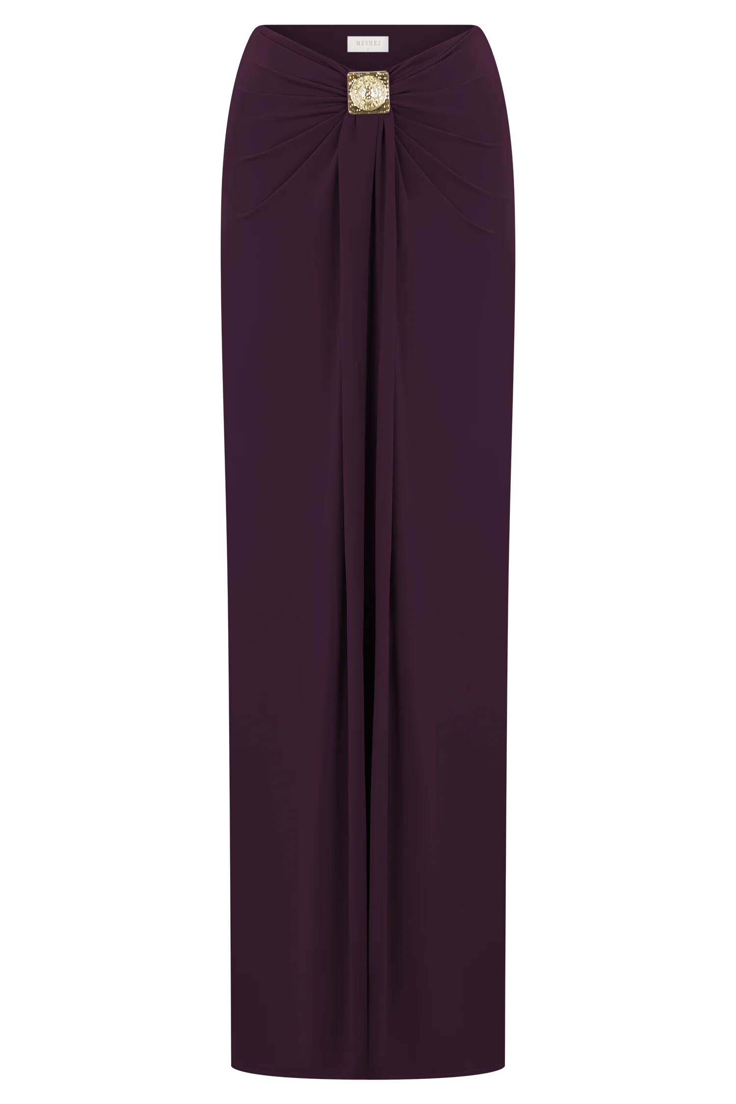 Erina Slinky Ruched Maxi Skirt With Hardware Aubergine