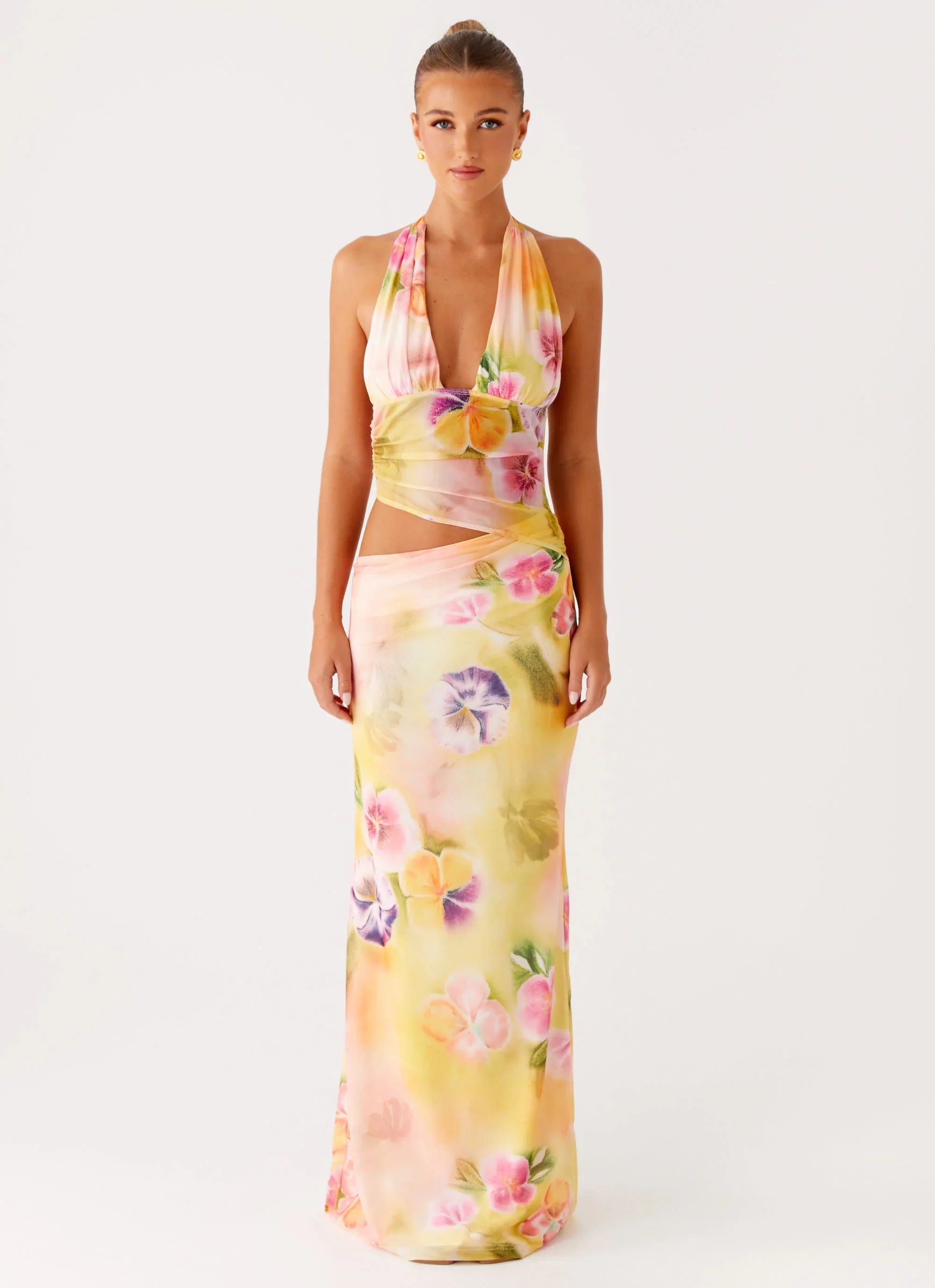 Main Act Halter Maxi Dress Sunburst Floral