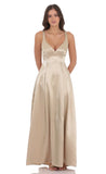 Satin V Neck Fit and Flare Maxi Dress in Gold