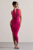 Hayley Hot Pink Cowl Neck Asymmetric Maxi Dress