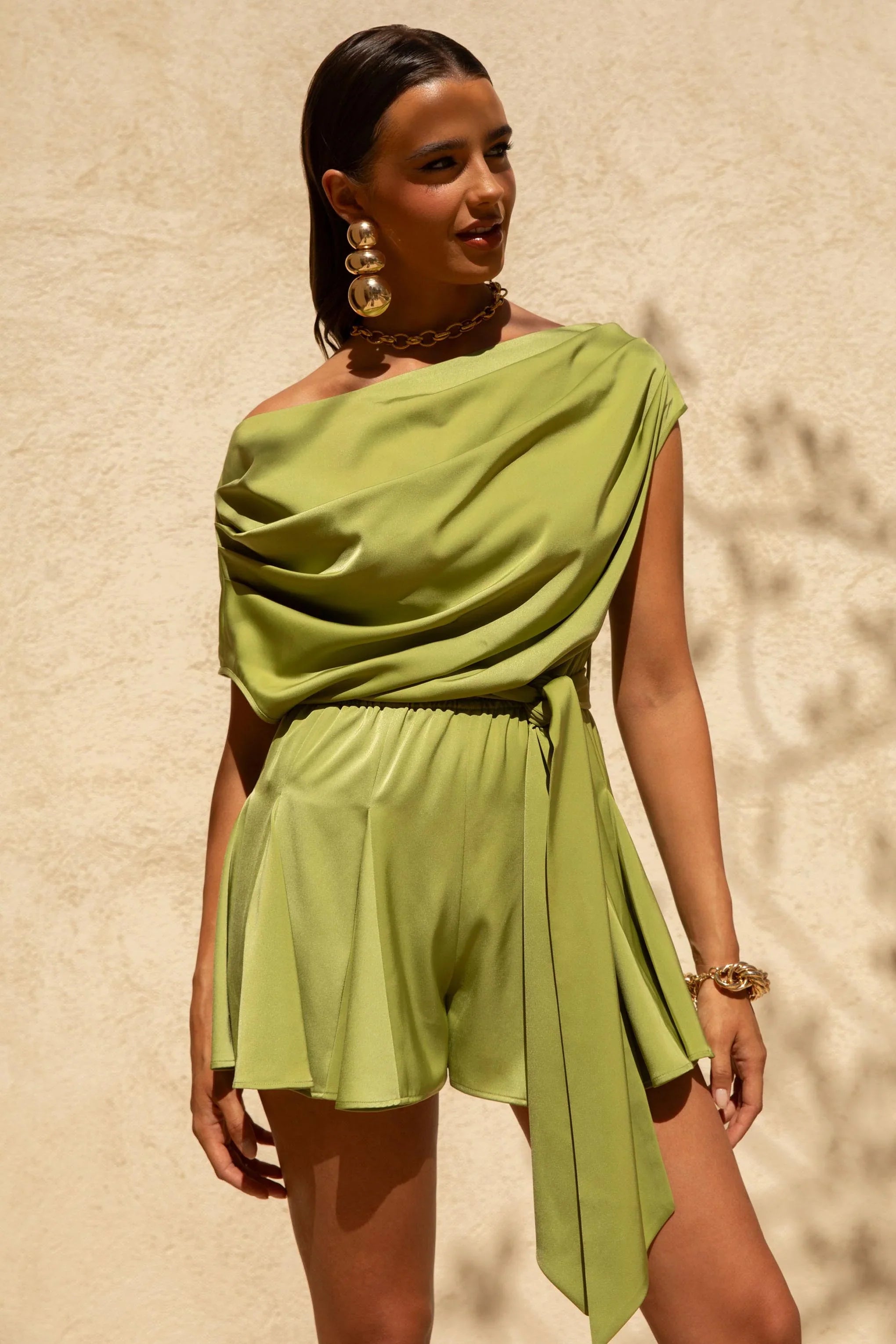 Clydie Olive Satin Asymmetric Playsuit With Tie Waist