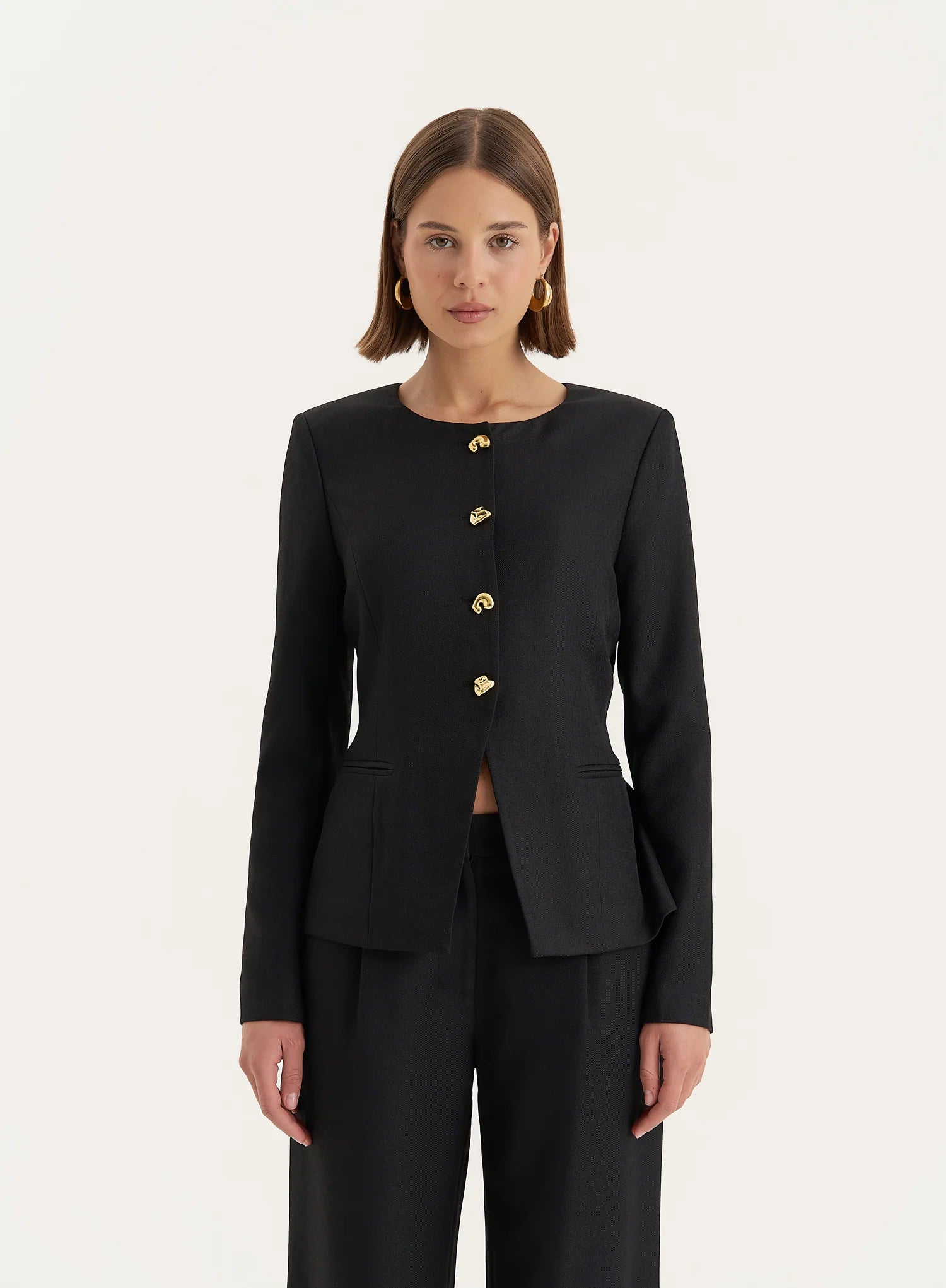 Black Tailored Gold Button Front Split Blazer