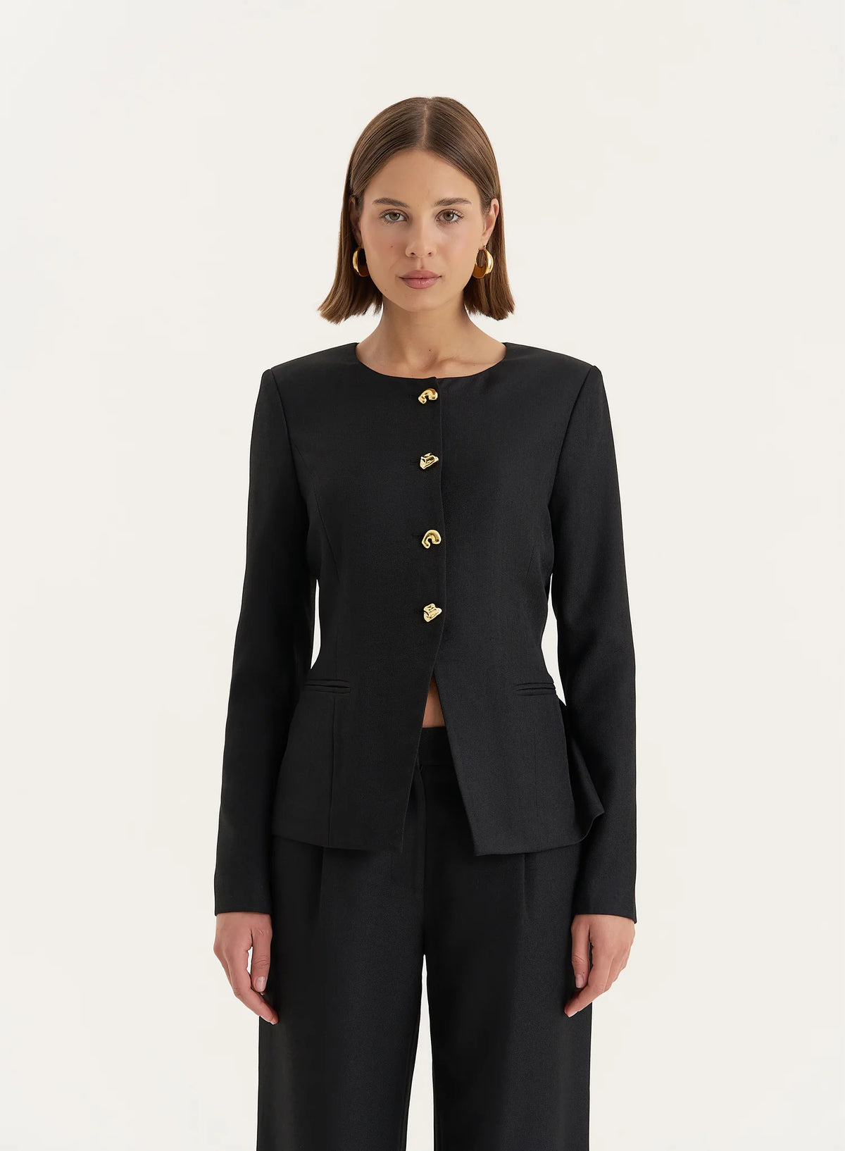 Black Tailored Gold Button Front Split Blazer