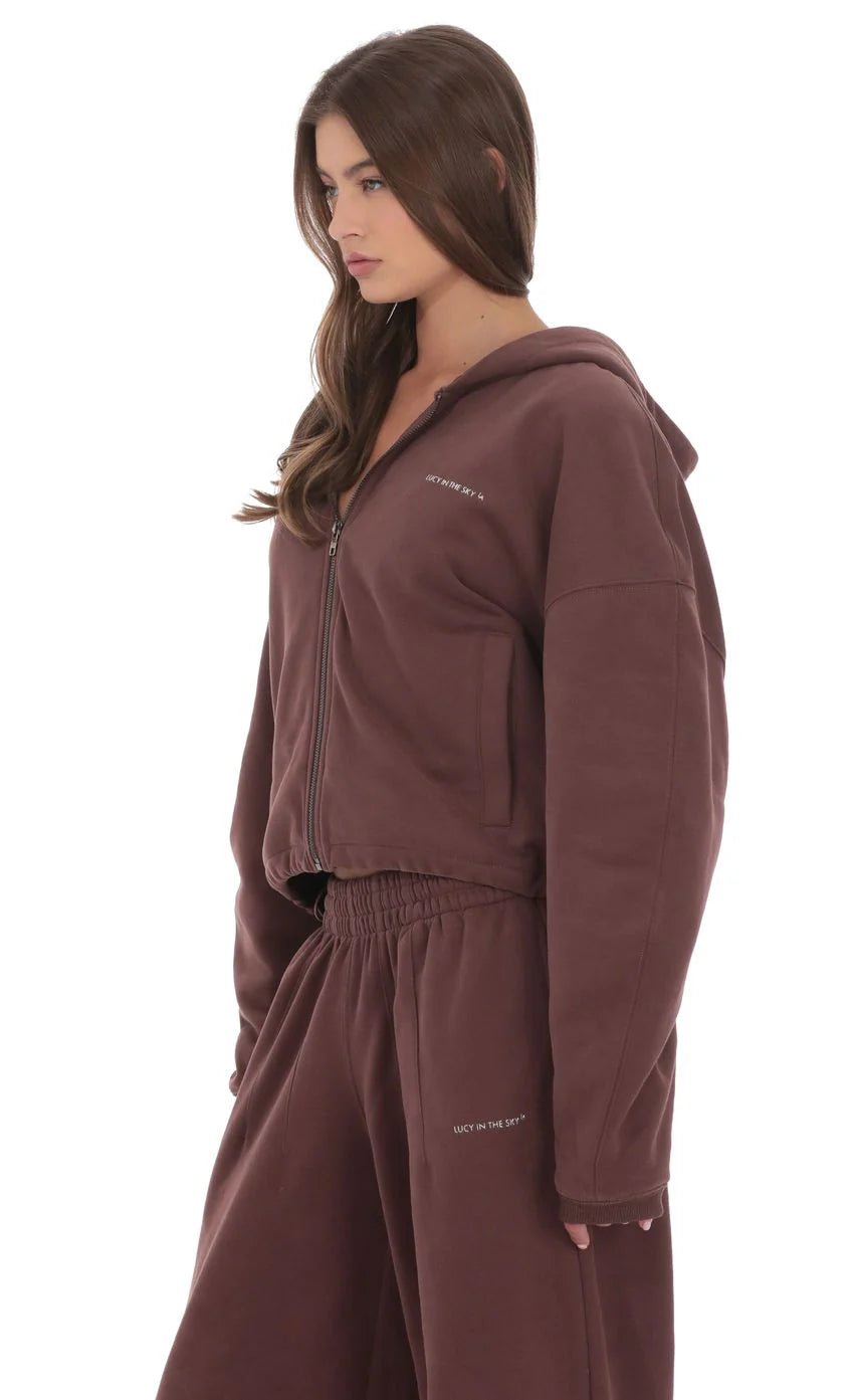 Cropped Fleece Zip Up Hoodie in Brown