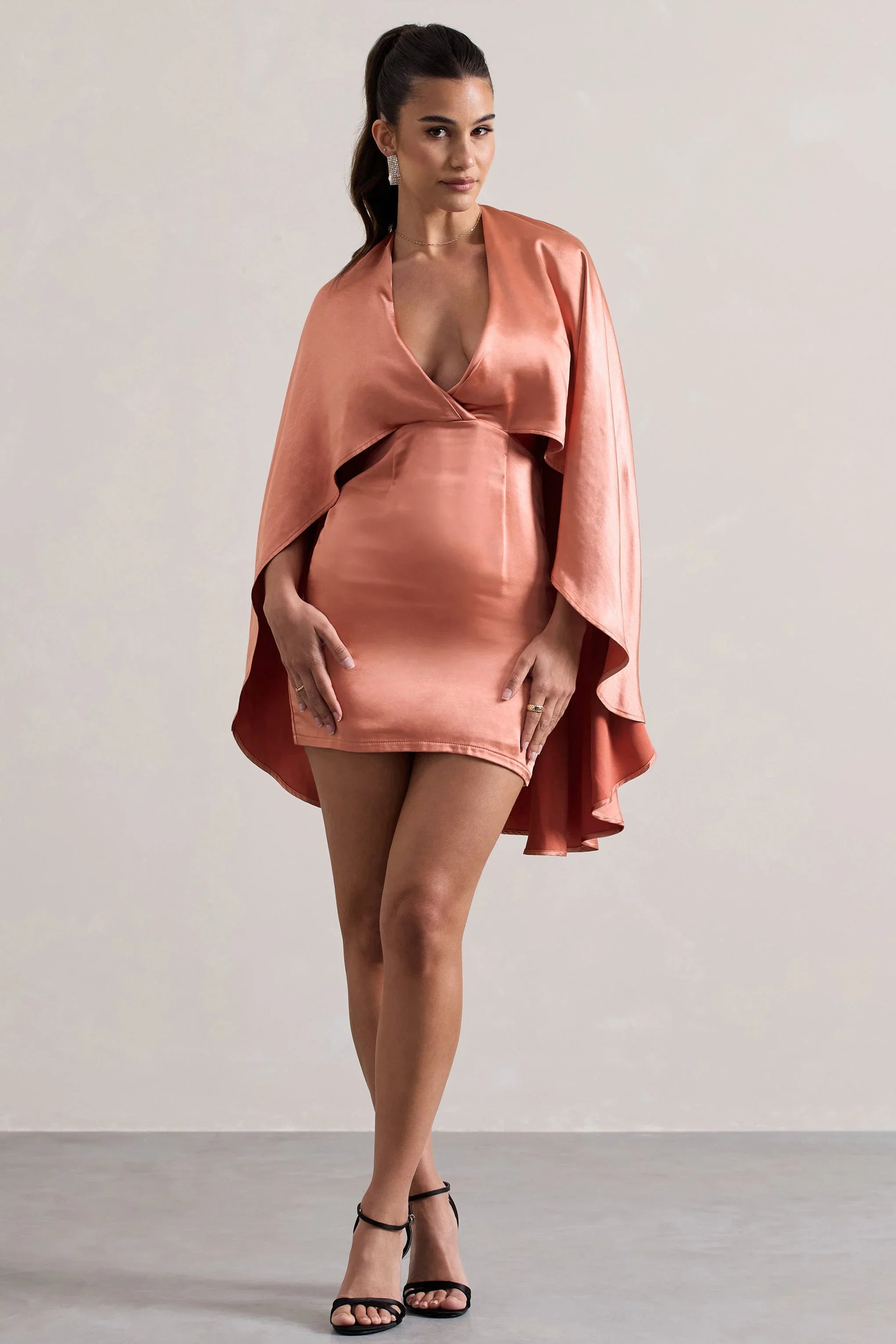 Olsen Coral Satin Plunge Neck Cape Mini Dress