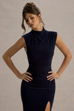 Lanetta Navy Ruched High Neck Maxi Dress With Split