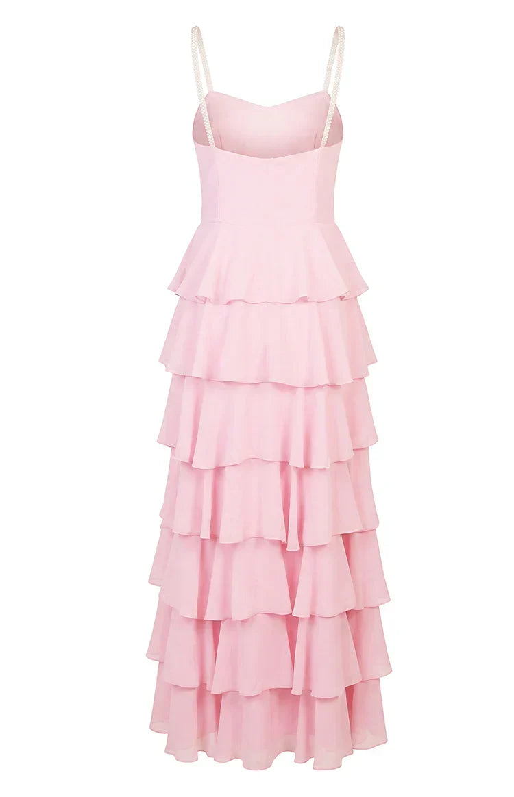 Felicity Pink Pearl Strap Ruffle Maxi Dress PRE ORDER