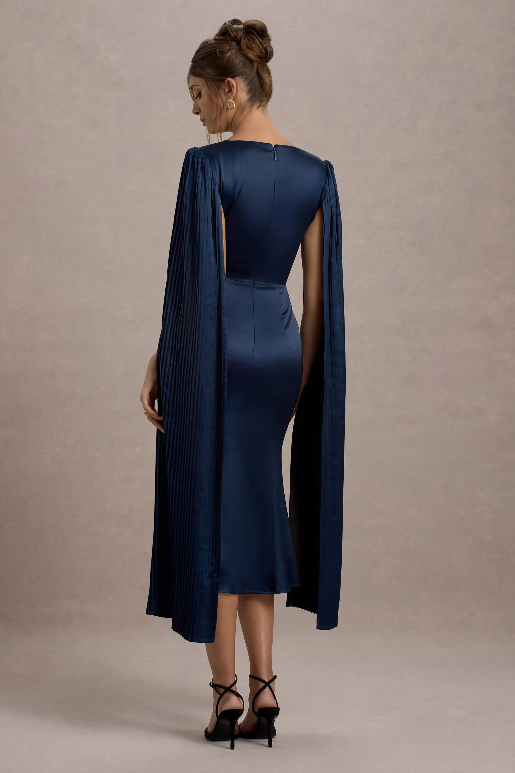 Nalda Navy Square Neck Midi Dress With Cape Sleeves
