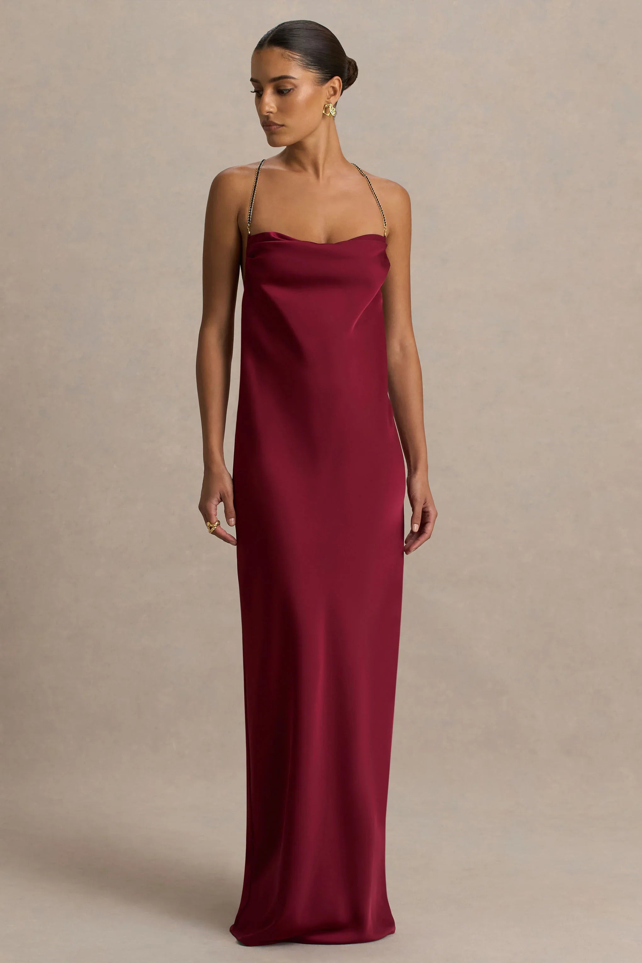 Cher Burgundy Satin Square Neck Maxi Dress With Embellished Detailed Open Back
