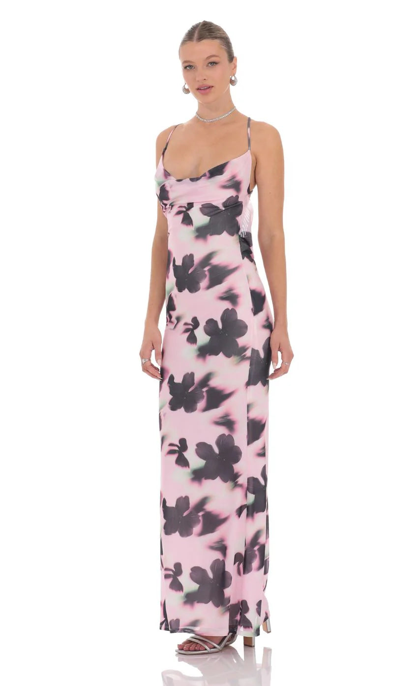Mesh Lilly Print Cowl Neck Maxi Dress in Pink