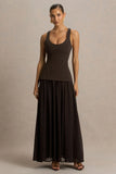 Kelly Brown Scoop Neck Maxi Dress With Pleated Mesh Skirt