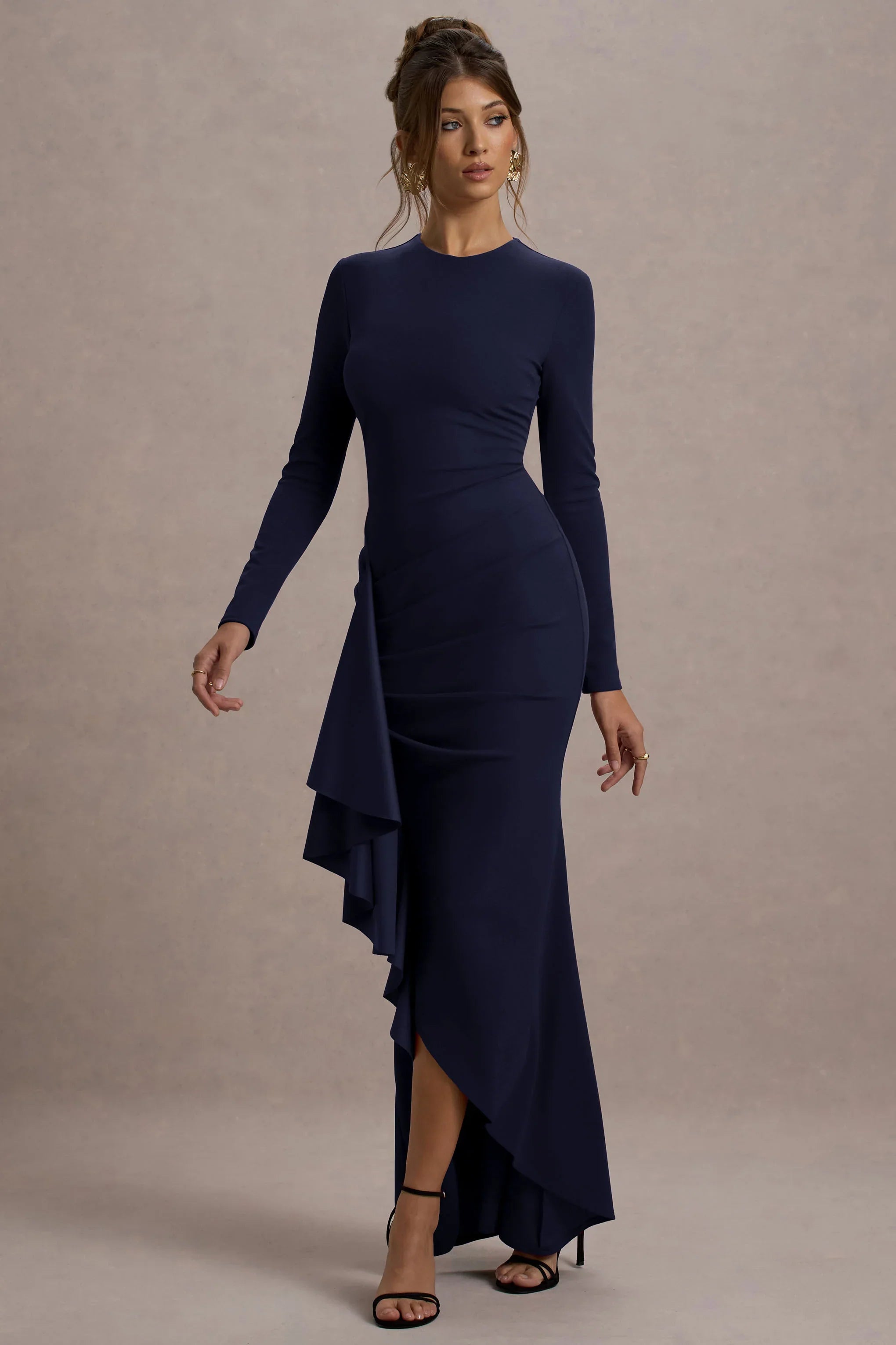 Alayna Navy Long Sleeve Maxi Dress With Ruffled Split