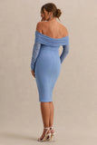 Patiently Waiting Powder Blue Maternity Ruched Mesh Bardot Midi Dress