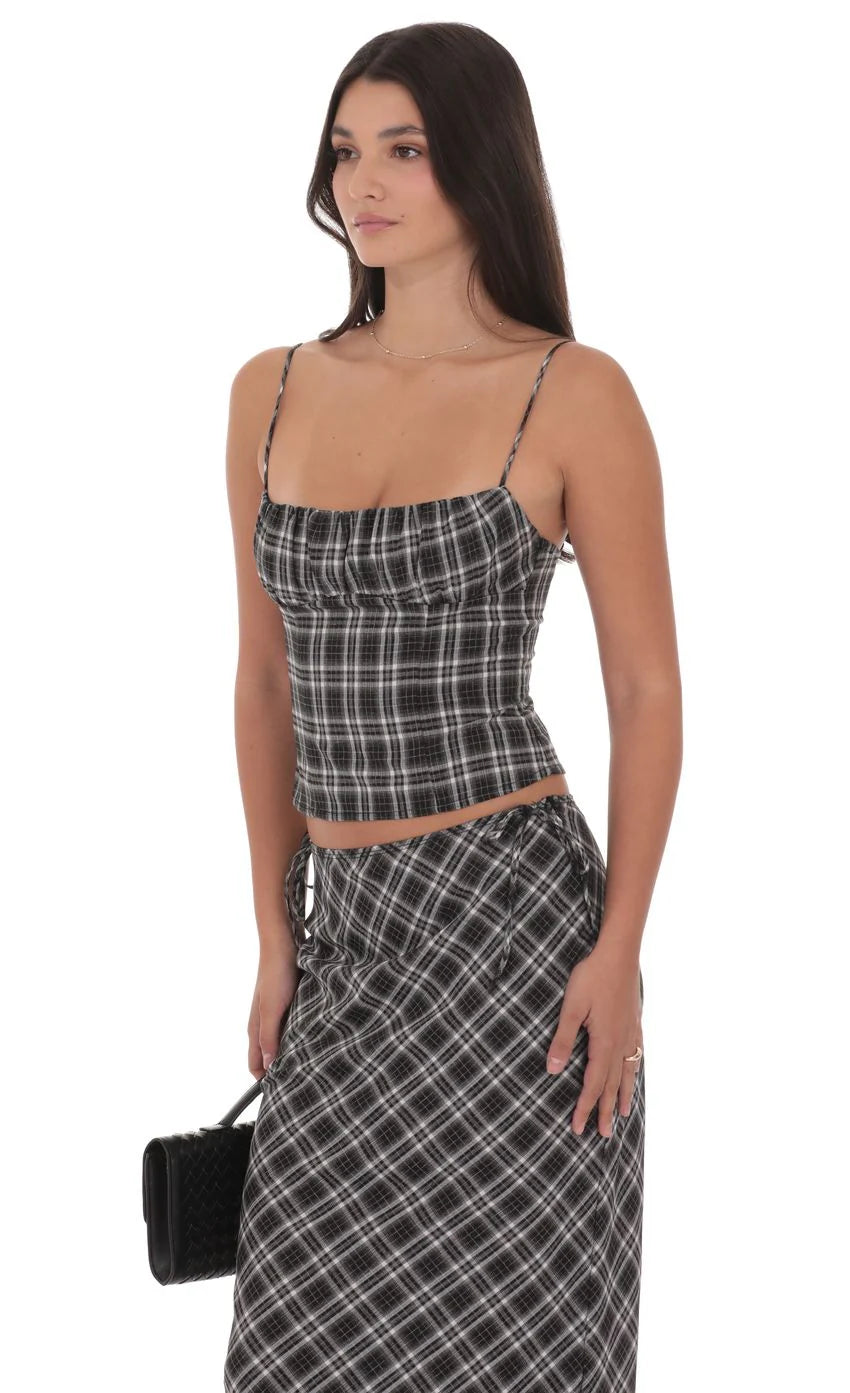 Plaid Ruched Bust Top in Black