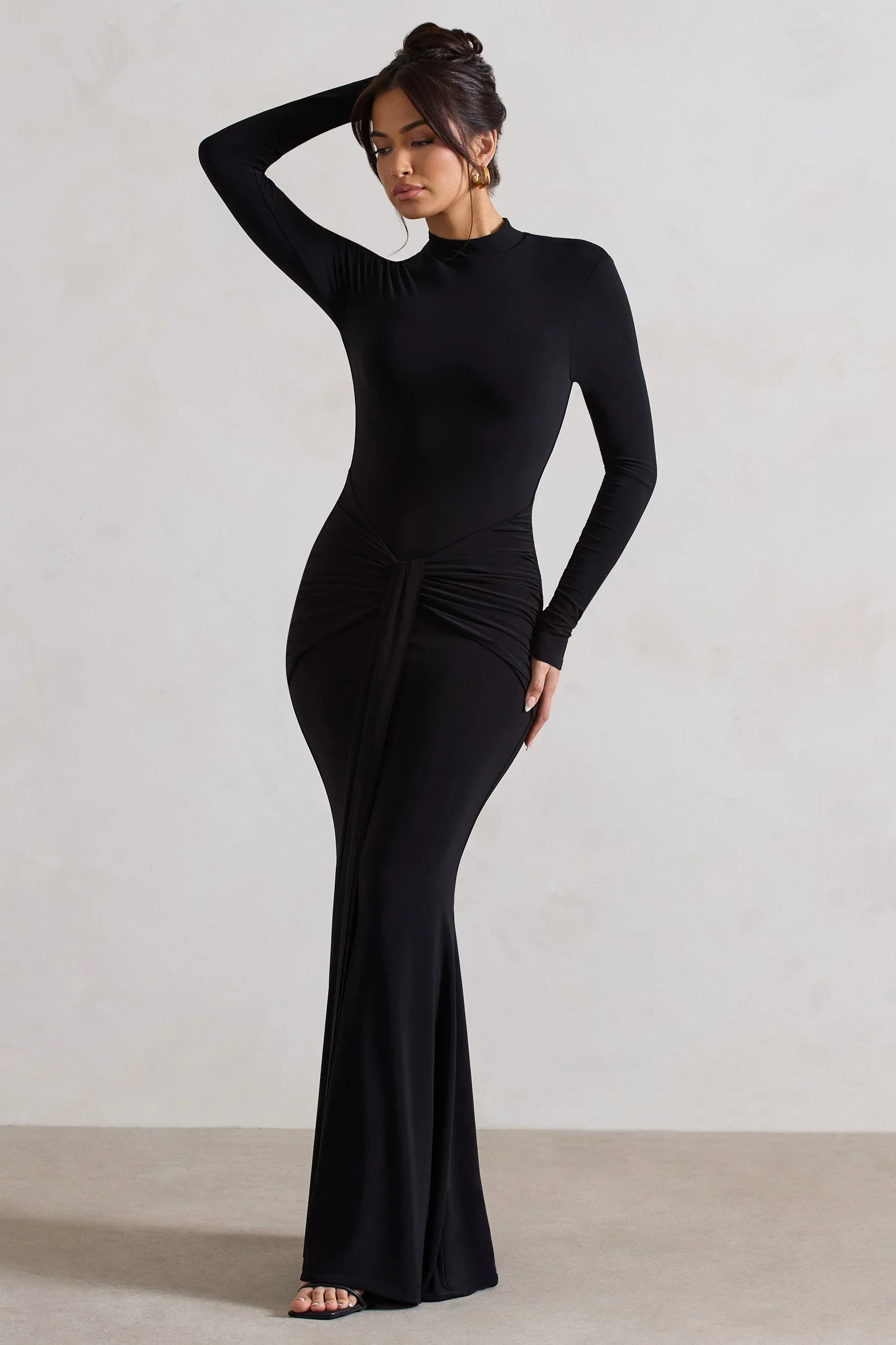 Pietra Black High Neck Long Sleeve Knot Maxi Dress